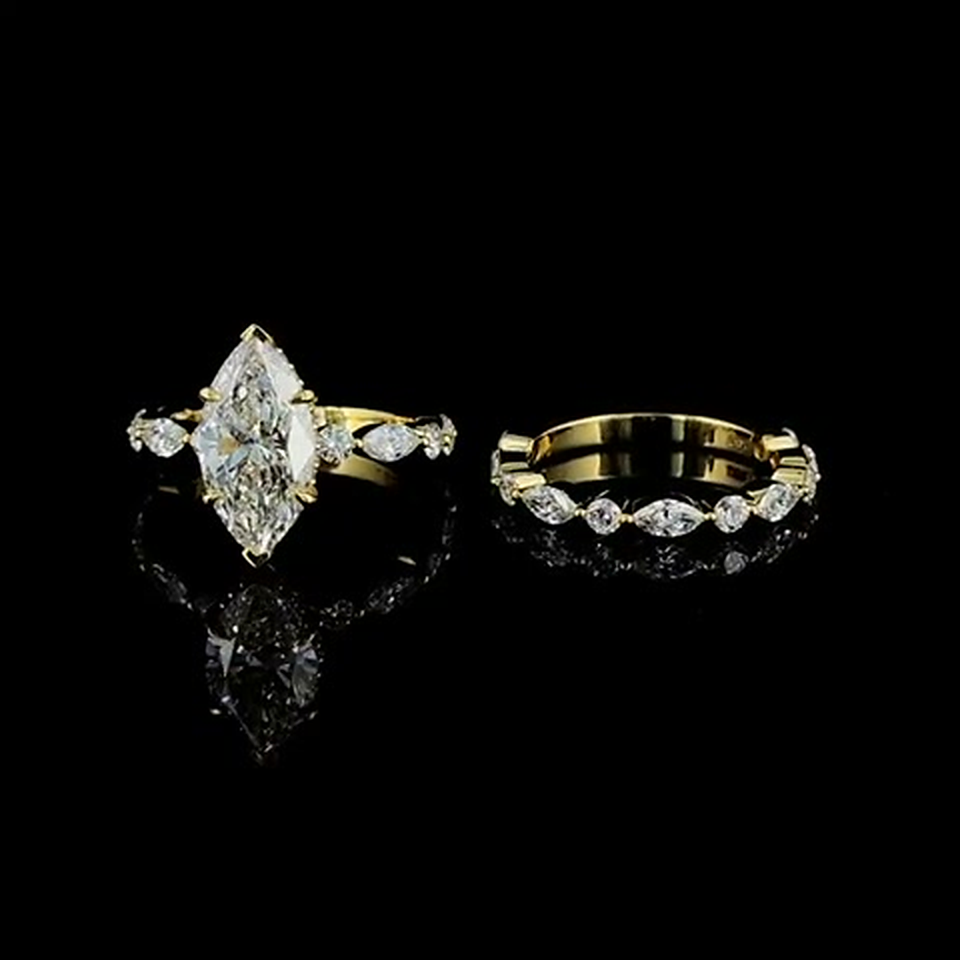 3ct marquise lab grown diamond engagement ring and eternity band on black, front view