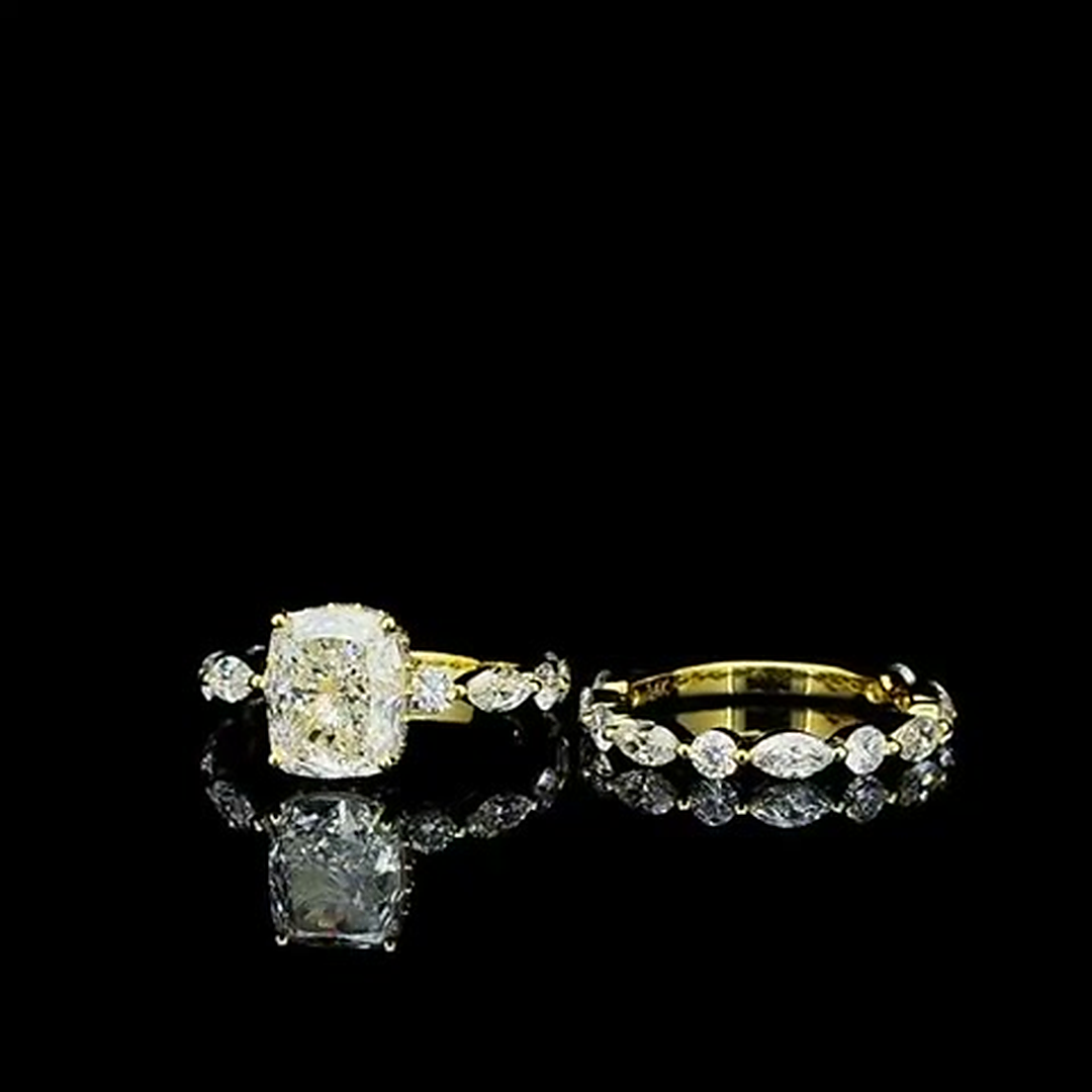 3ct radiant cut lab grown diamond engagement ring and eternity band on black, front view