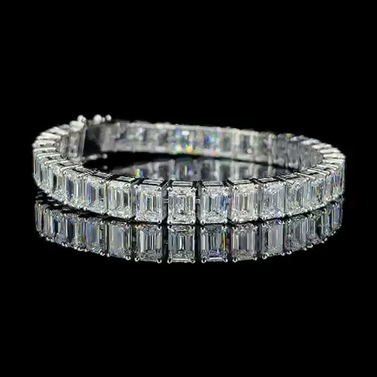 31.87ct emerald cut lab grown diamond tennis bracelet 14k white gold, real video frame three quarter