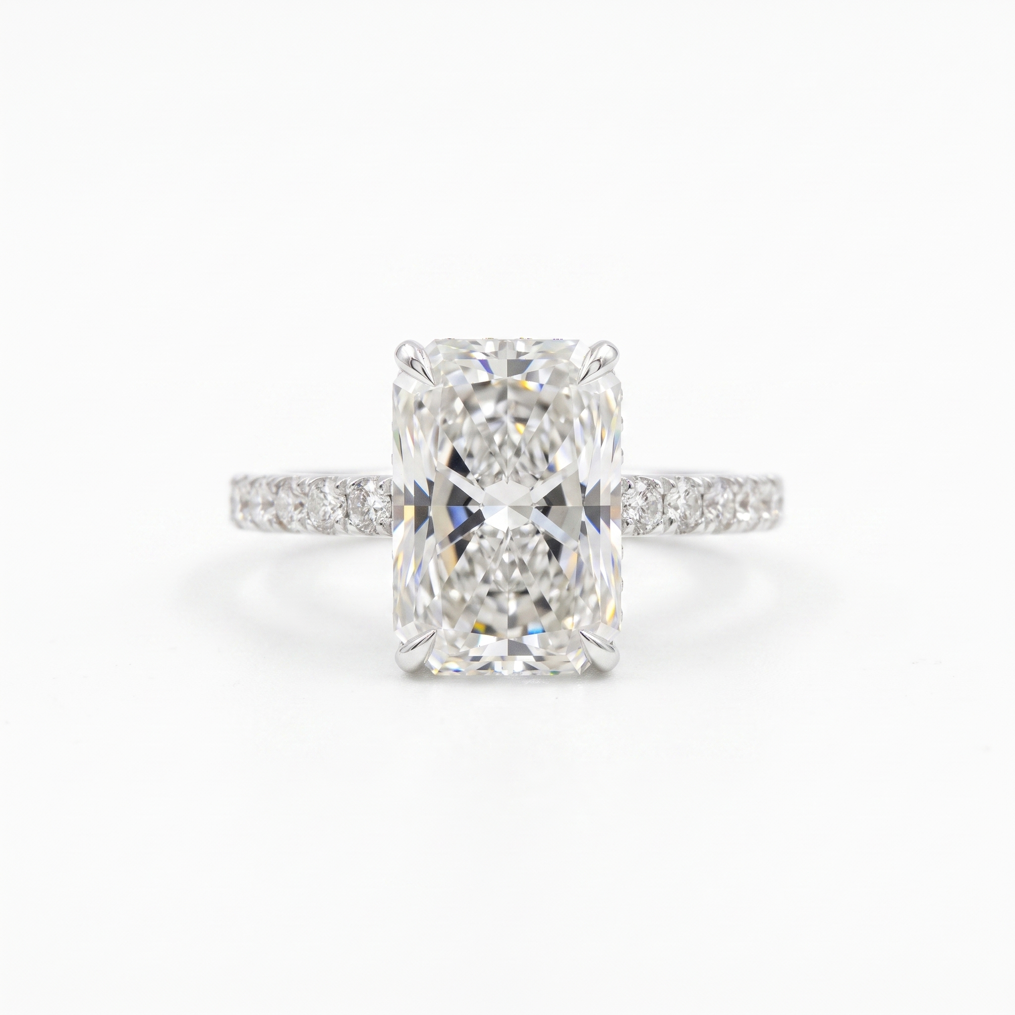 5ct radiant hidden halo lab grown diamond ring, white background