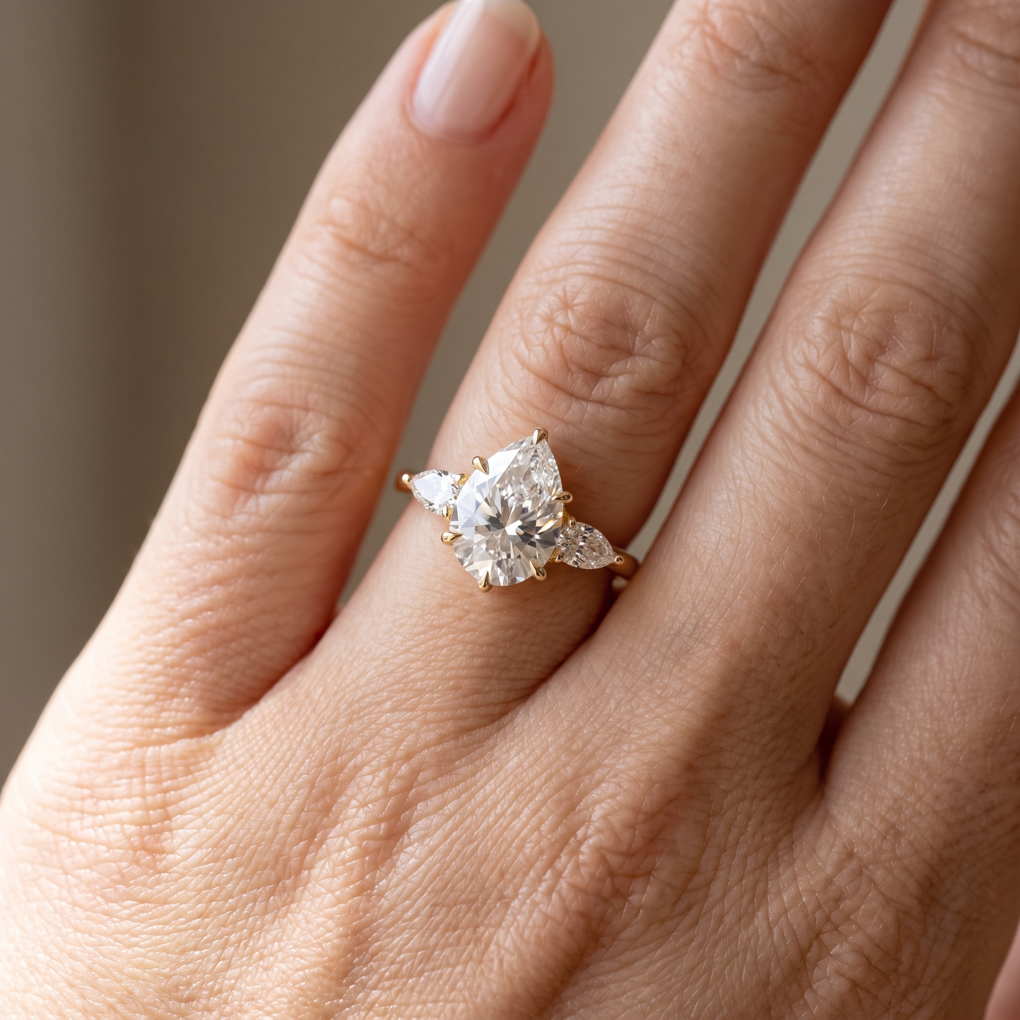 2ct pear three stone lab grown diamond ring worn on hand, close up
