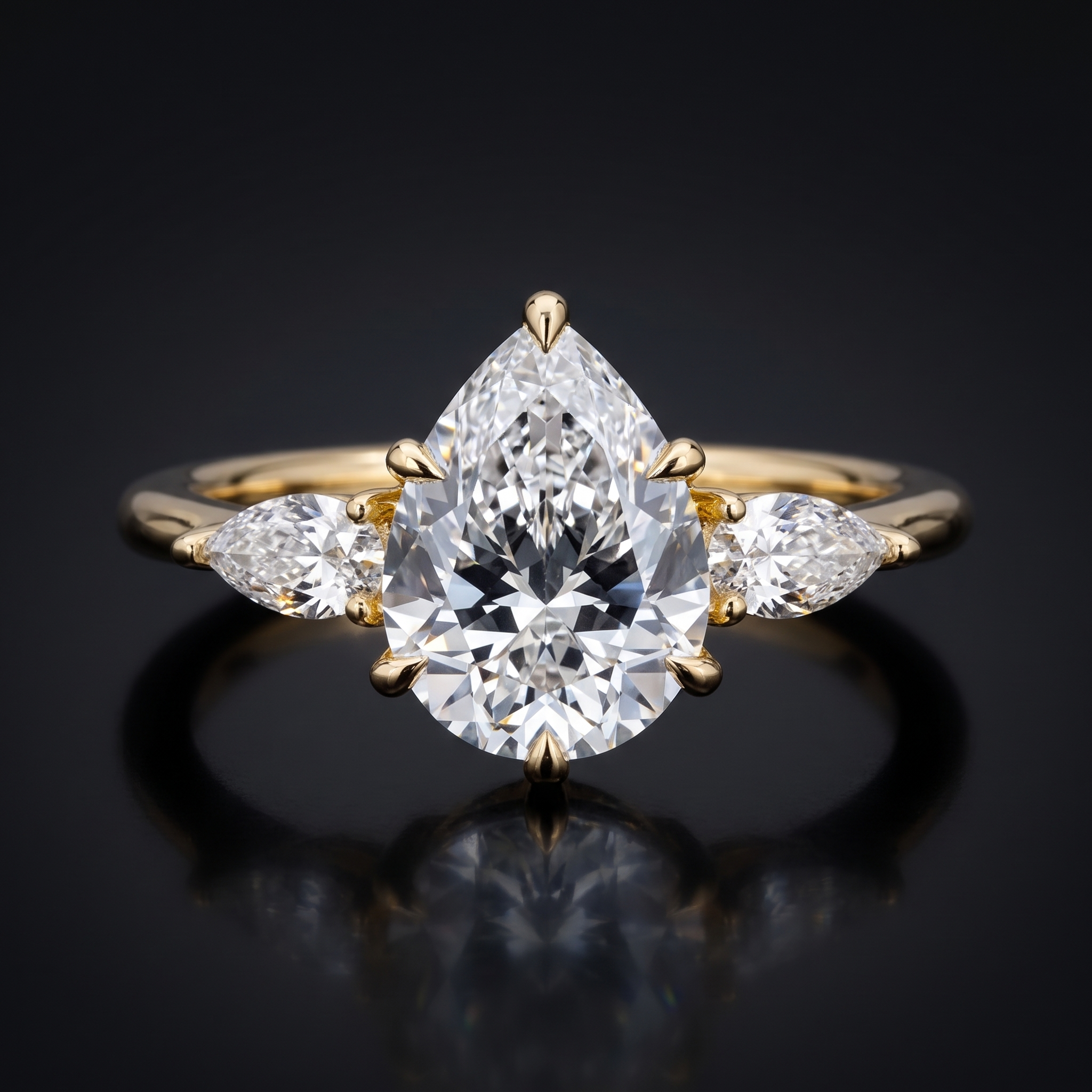2ct pear three stone lab grown diamond ring, yellow gold, straight on view on black