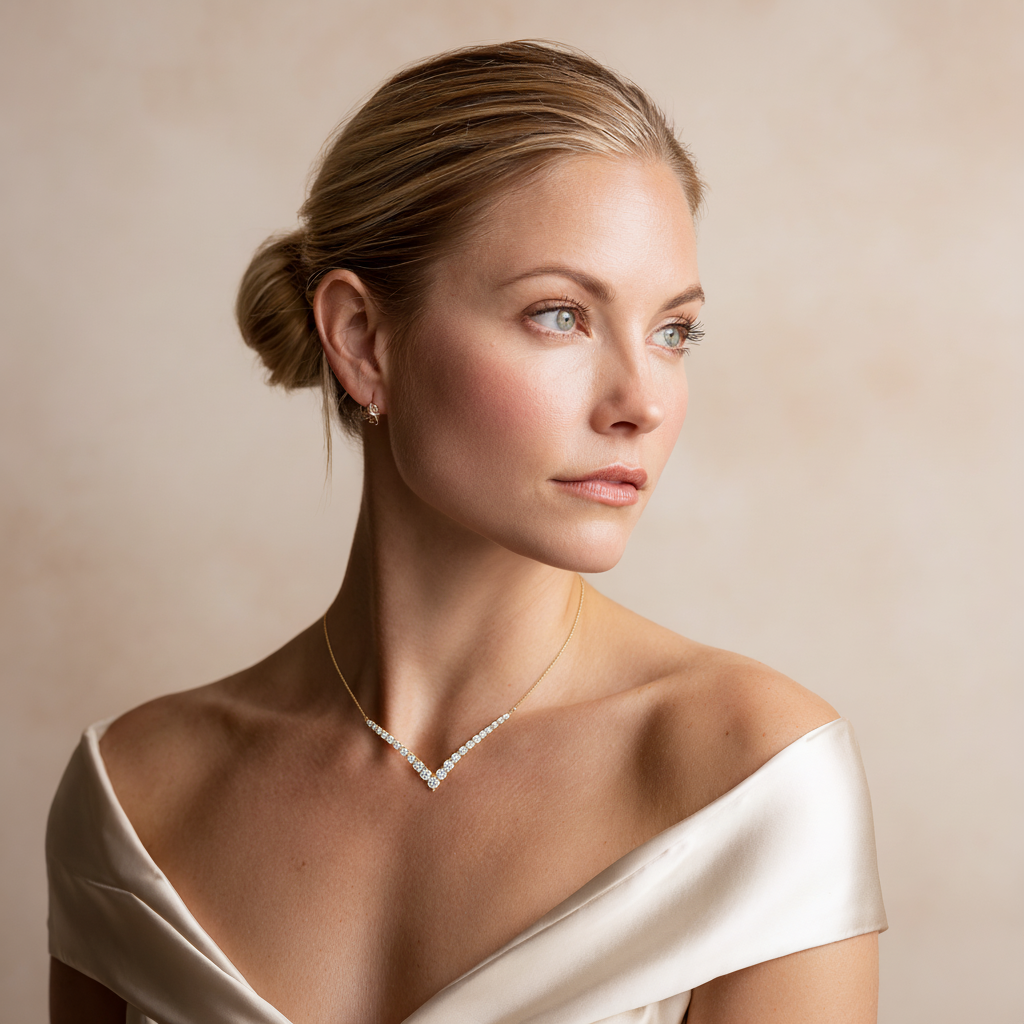 5ct Lab Diamond V Necklace on model | styled 10K yellow gold pendant necklace
