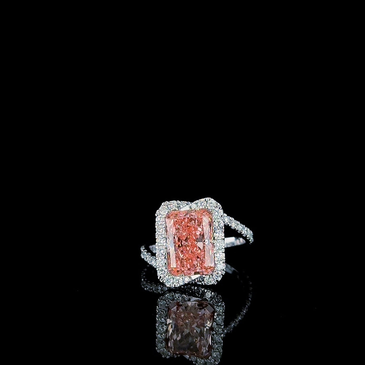 5ct fancy pink radiant lab grown diamond ring with halo, front view