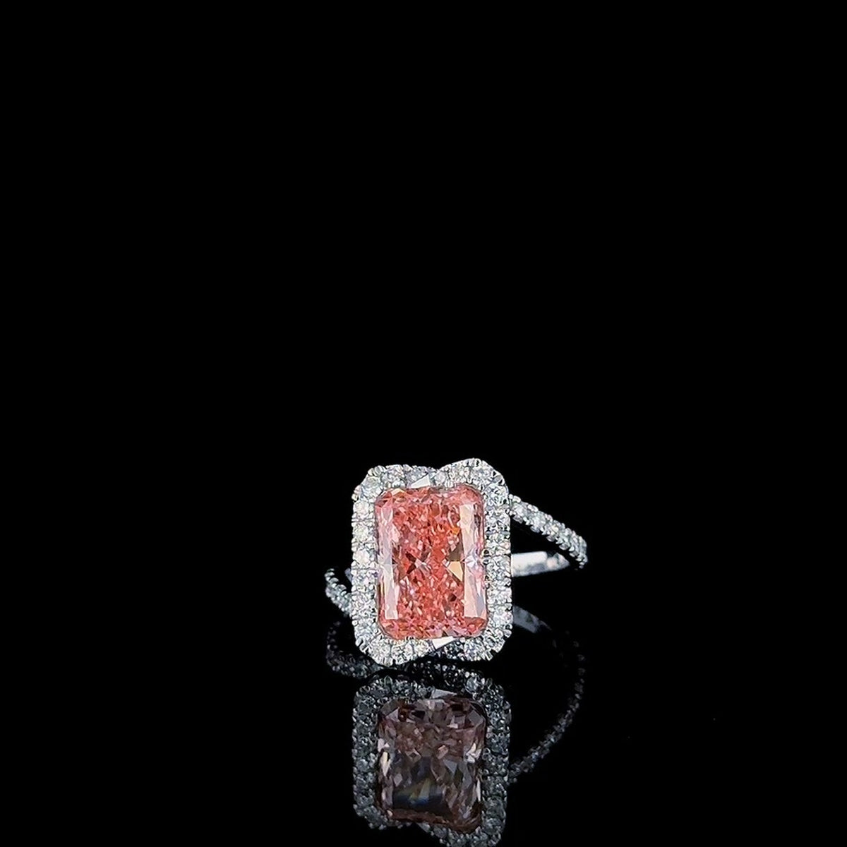 fancy pink radiant lab diamond ring, split pave shank, angled
