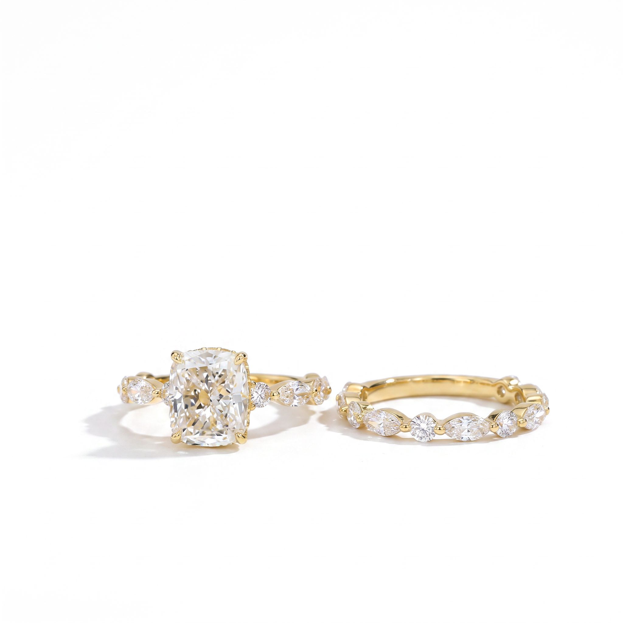 3ct square radiant lab grown diamond bridal set, ring and matching band, front view on white