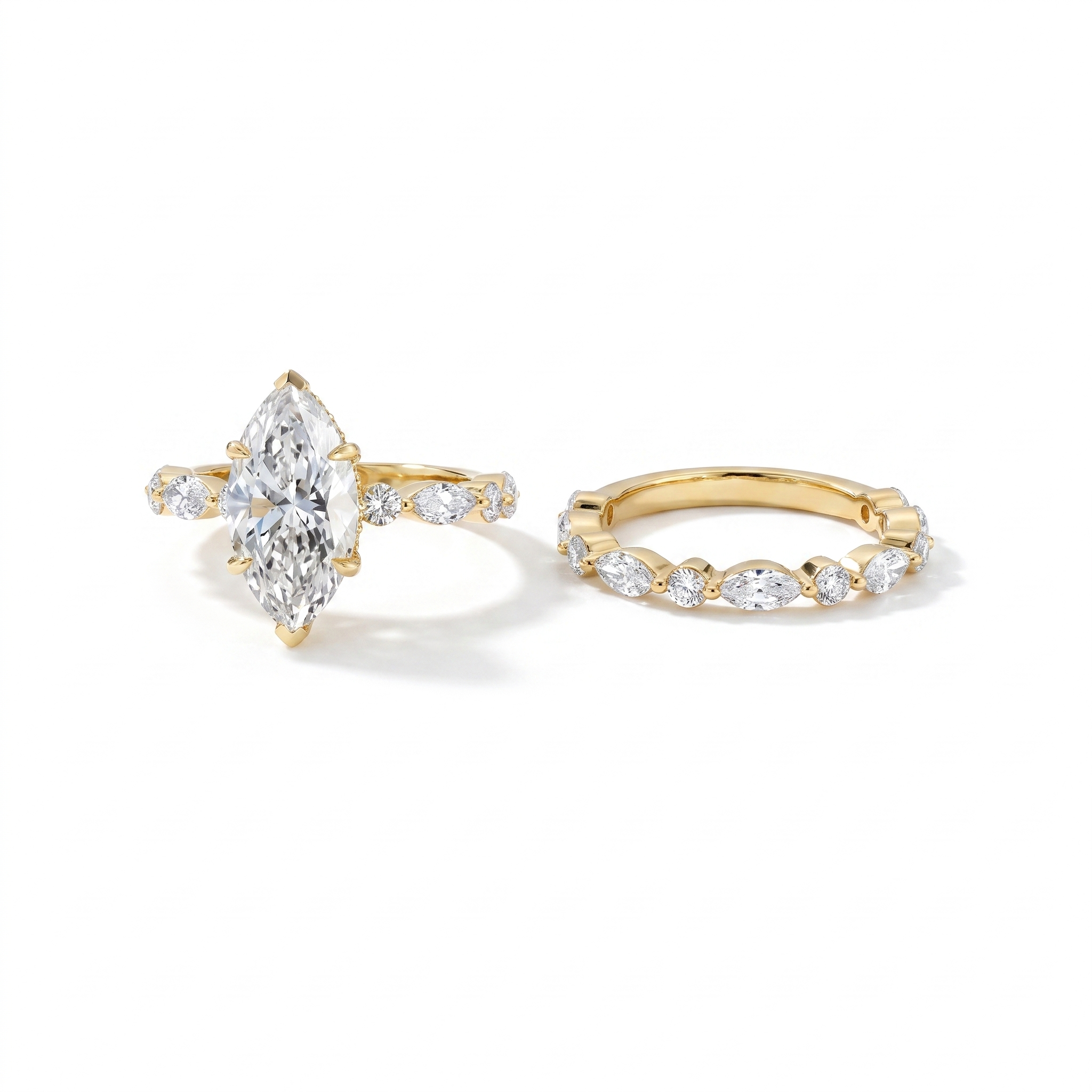 3ct marquise lab grown diamond bridal set, engagement ring and matching band, front view on white