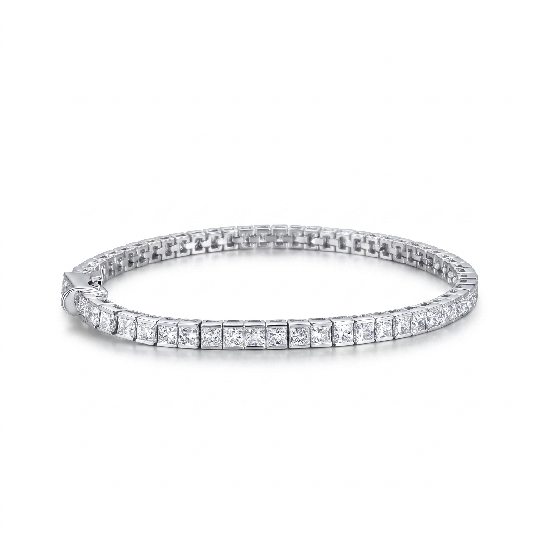 7ctw bezel set princess cut lab grown diamond tennis bracelet, front view on a white background