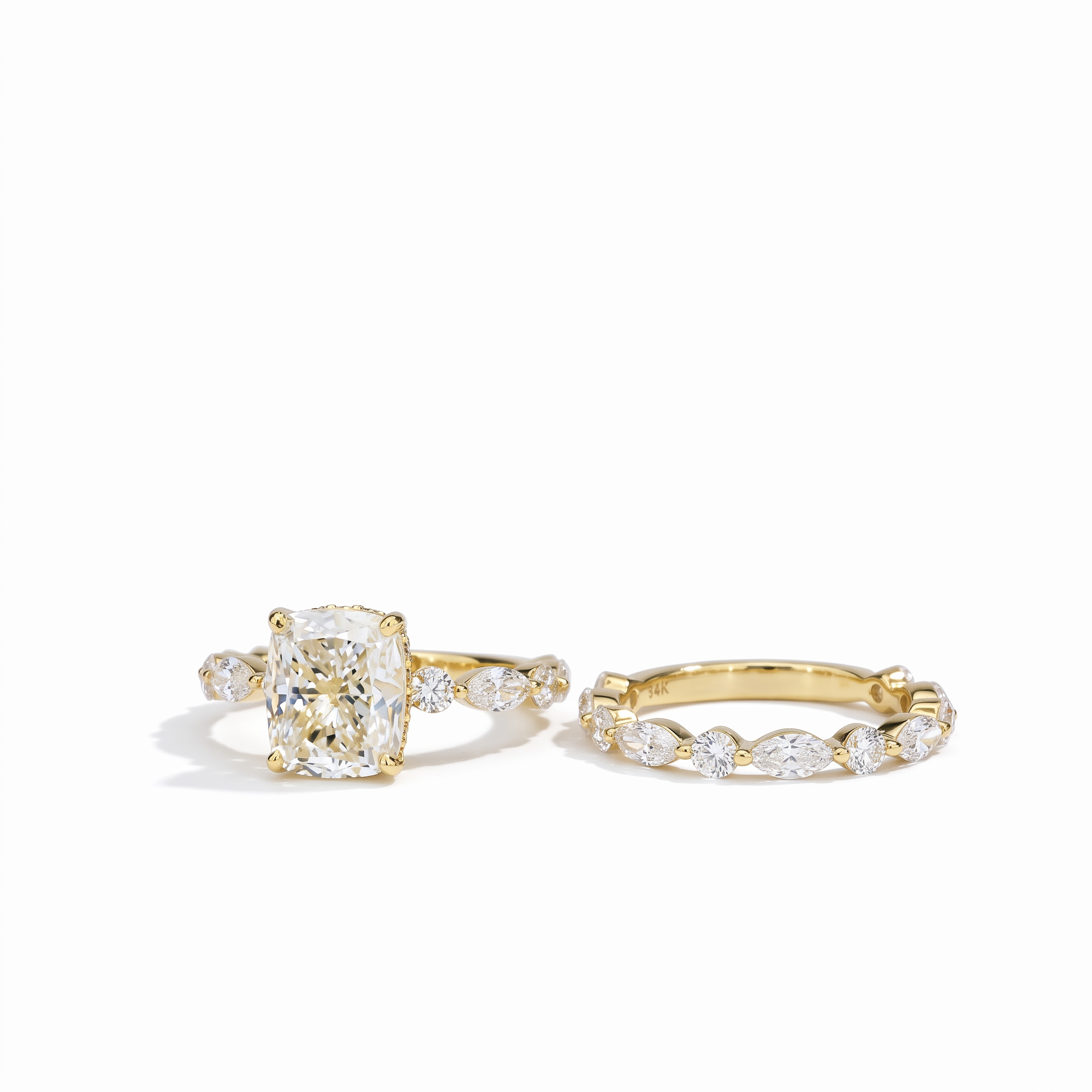 3ct radiant cut lab grown diamond bridal set, engagement ring and matching band, front view on white