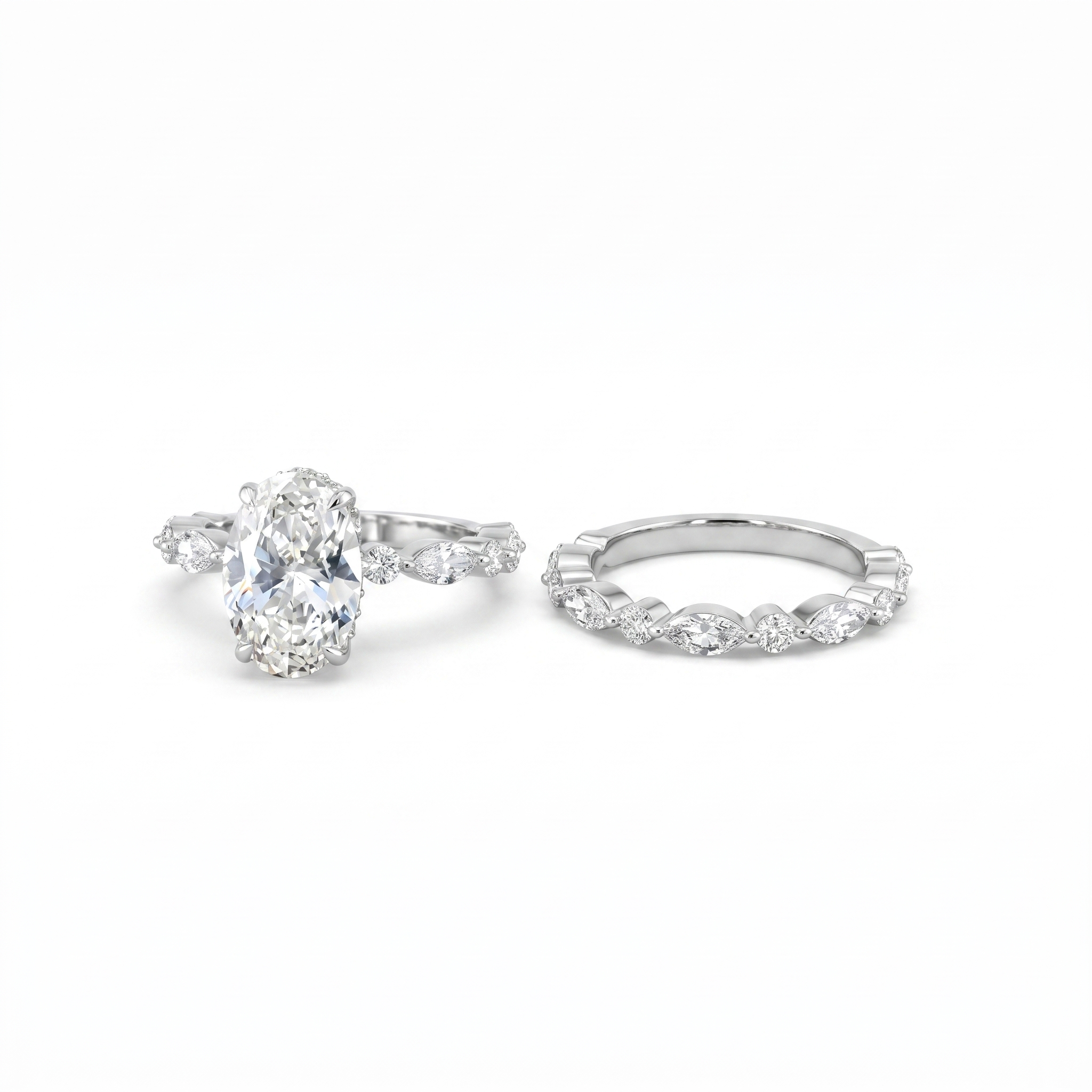 3ct oval lab grown diamond bridal set in white gold, engagement ring and matching band, front view on white