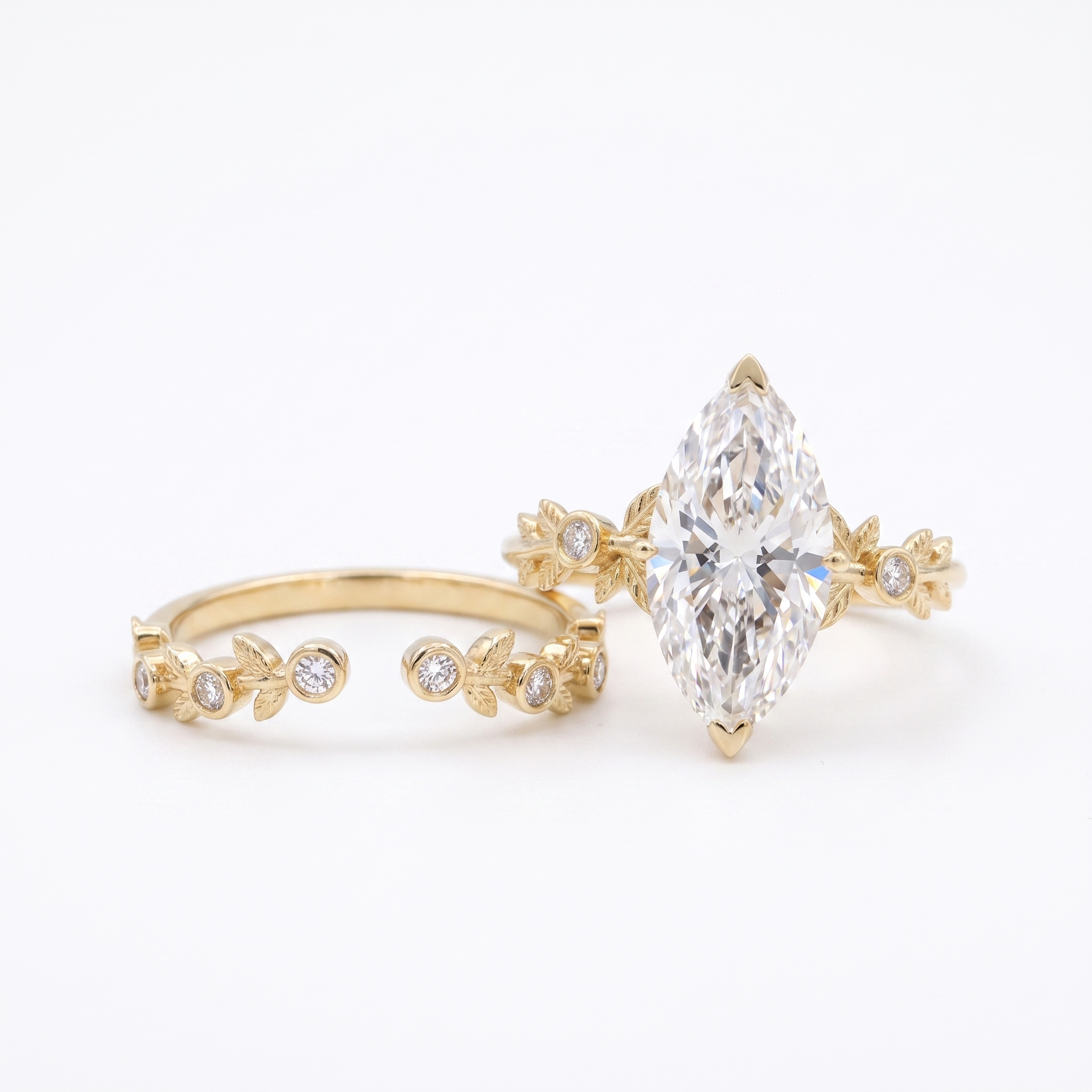 3ct marquise leaf lab grown diamond bridal set, ring and leaf band, white background