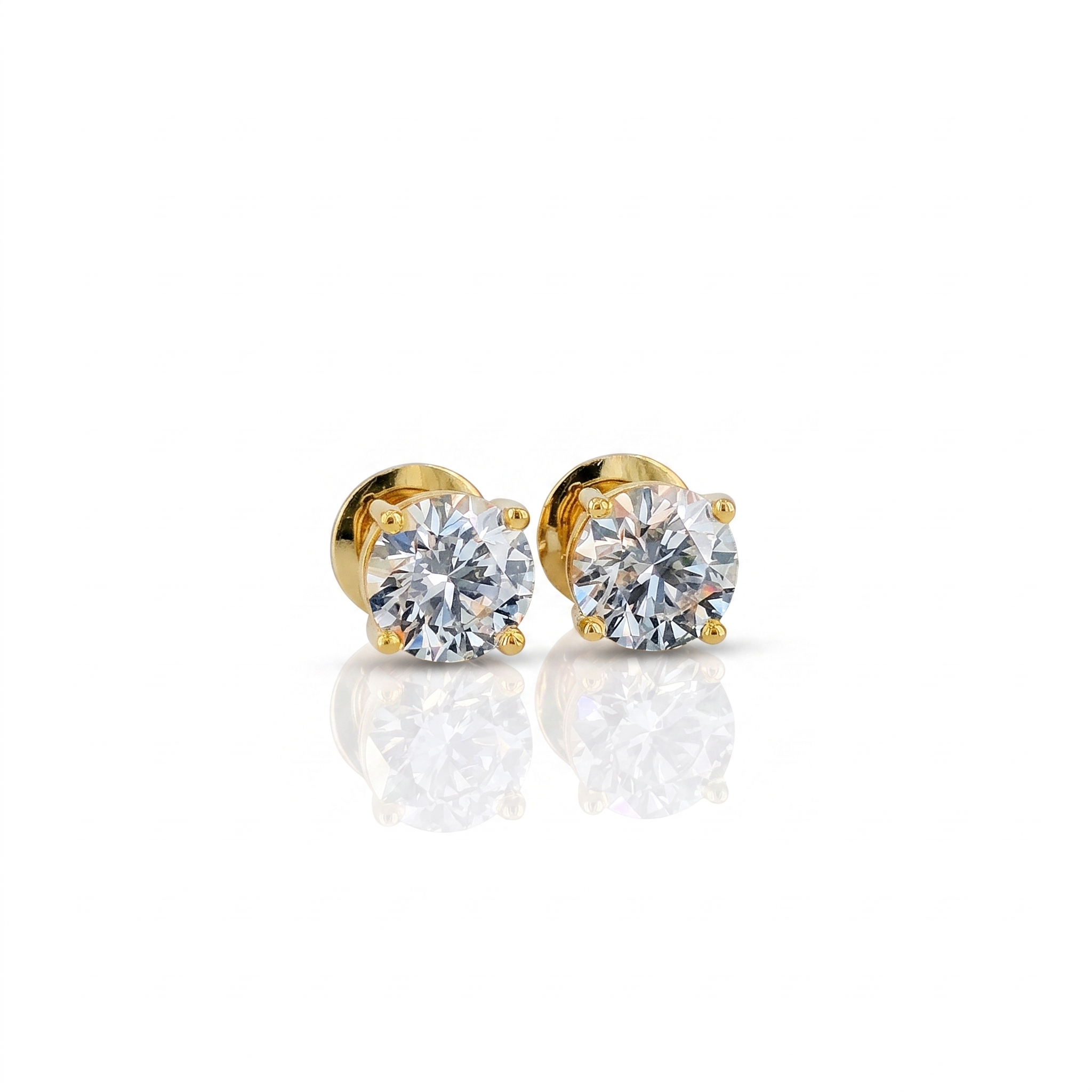 4ctw round brilliant lab grown diamond stud earrings in a yellow gold four-prong basket, white studio background front view