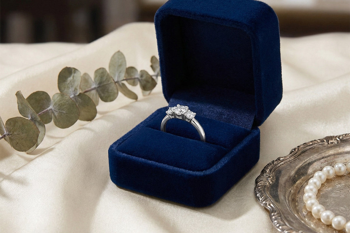 A three stone lab grown diamond ring in an open navy velvet box beside pearls and eucalyptus, Draco Diamond