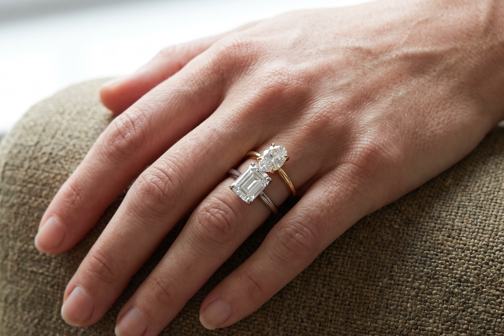 Emerald cut and oval lab grown diamond rings worn together on one hand in natural light, two carat versus three carat size difference, Draco Diamond