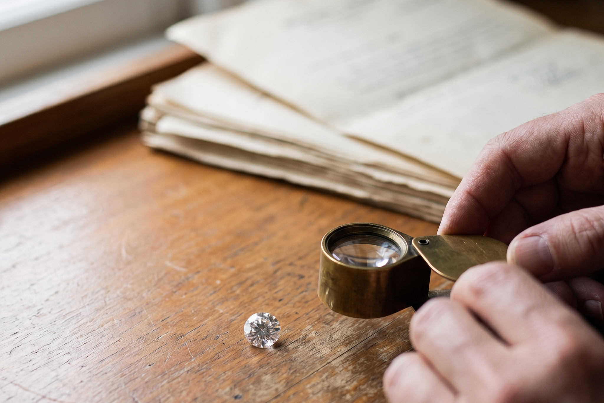 Jeweller's loupe and loose lab grown diamond on a desk beside blurred paperwork, Draco Diamond