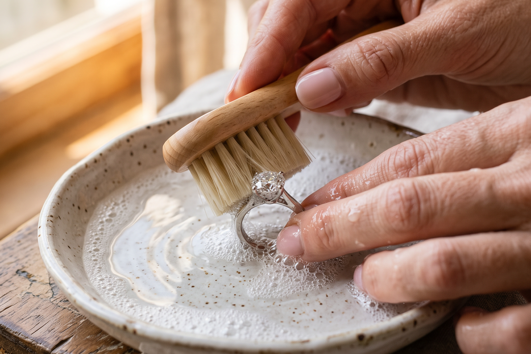 Soft bristle brush cleaning a lab grown diamond ring in warm soapy water, Draco Diamond care guide
