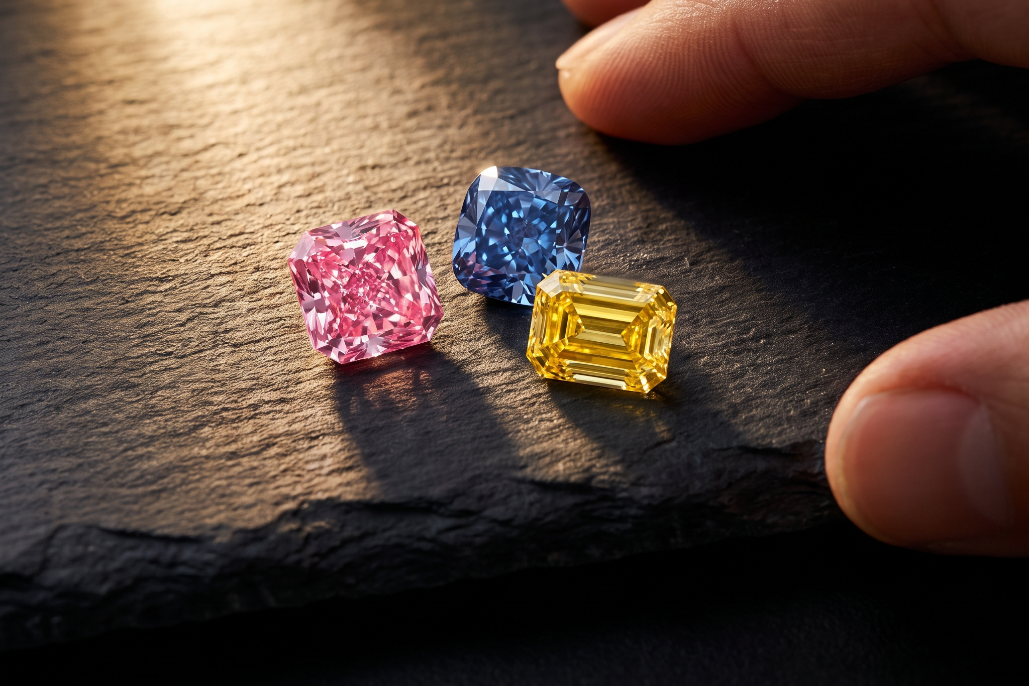 Pink, blue and yellow fancy coloured lab grown diamonds on dark slate, Draco Diamond