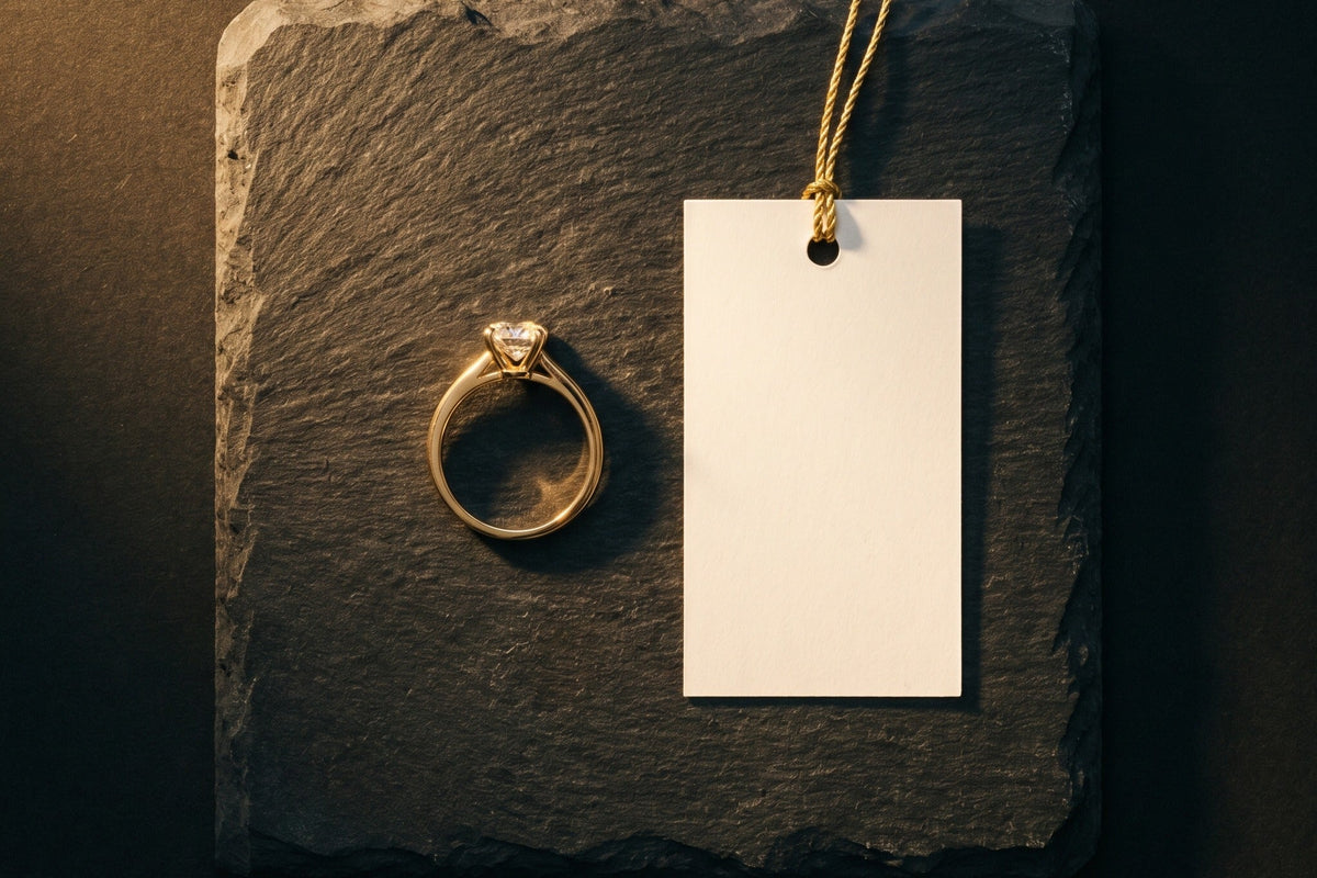 Gold lab grown diamond solitaire ring resting on dark slate beside a blank paper price tag in raking light, commission pricing, Draco Diamond