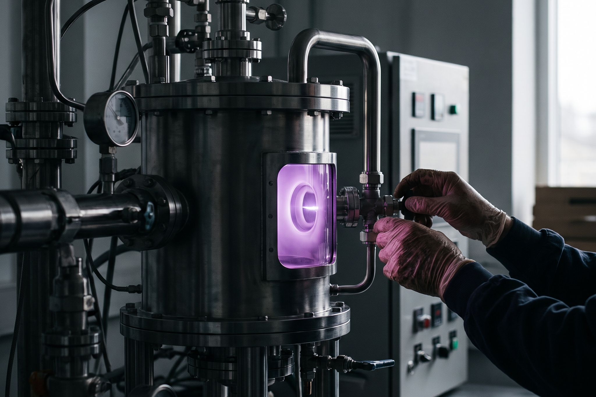 A CVD diamond growing reactor with violet plasma inside a laboratory, Draco Diamond