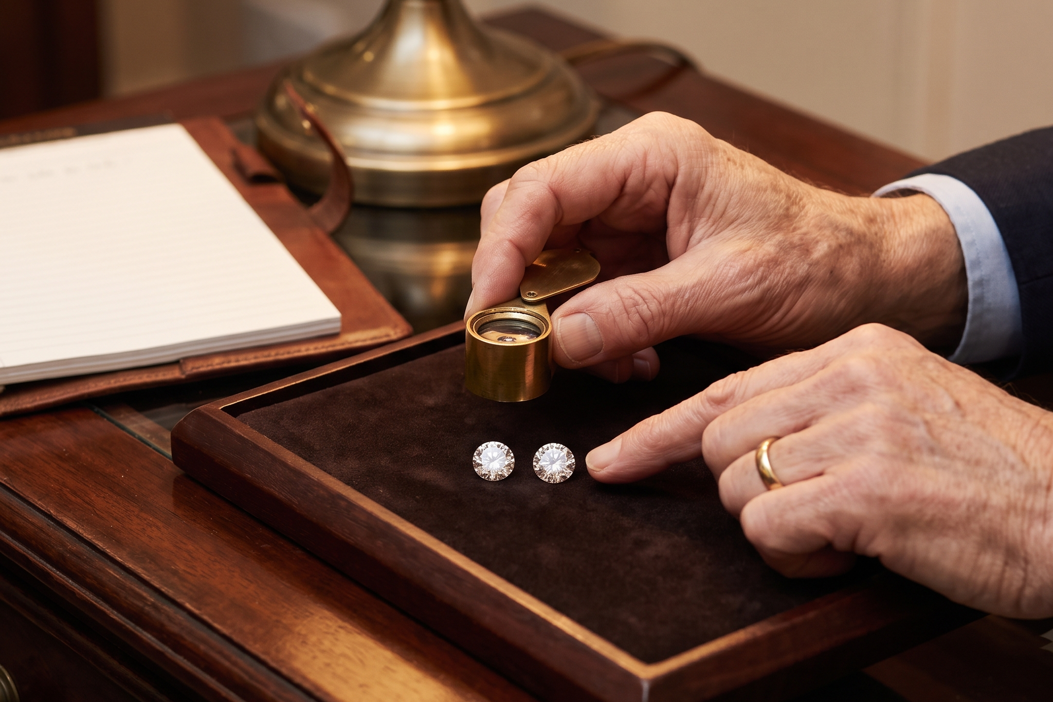 Buyer comparing two near identical loose diamonds under a loupe at a counter, Draco Diamond industry truth