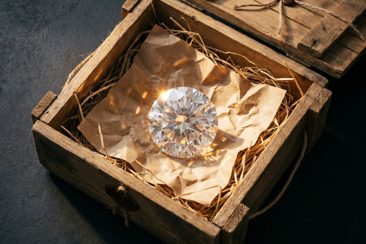 Loose round lab grown diamond resting on kraft paper inside a wooden crate in warm light, colourless stone against warm tones, diamond color chart, Draco Diamond