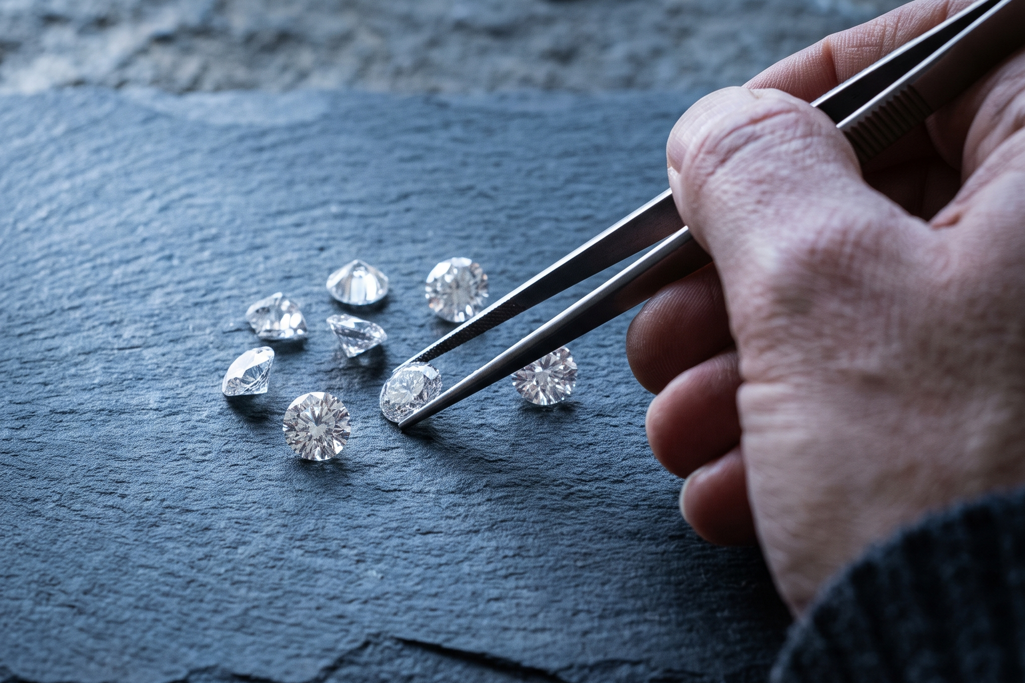 Loose lab grown diamonds beside jeweller's tweezers on dark stone, Draco Diamond price index