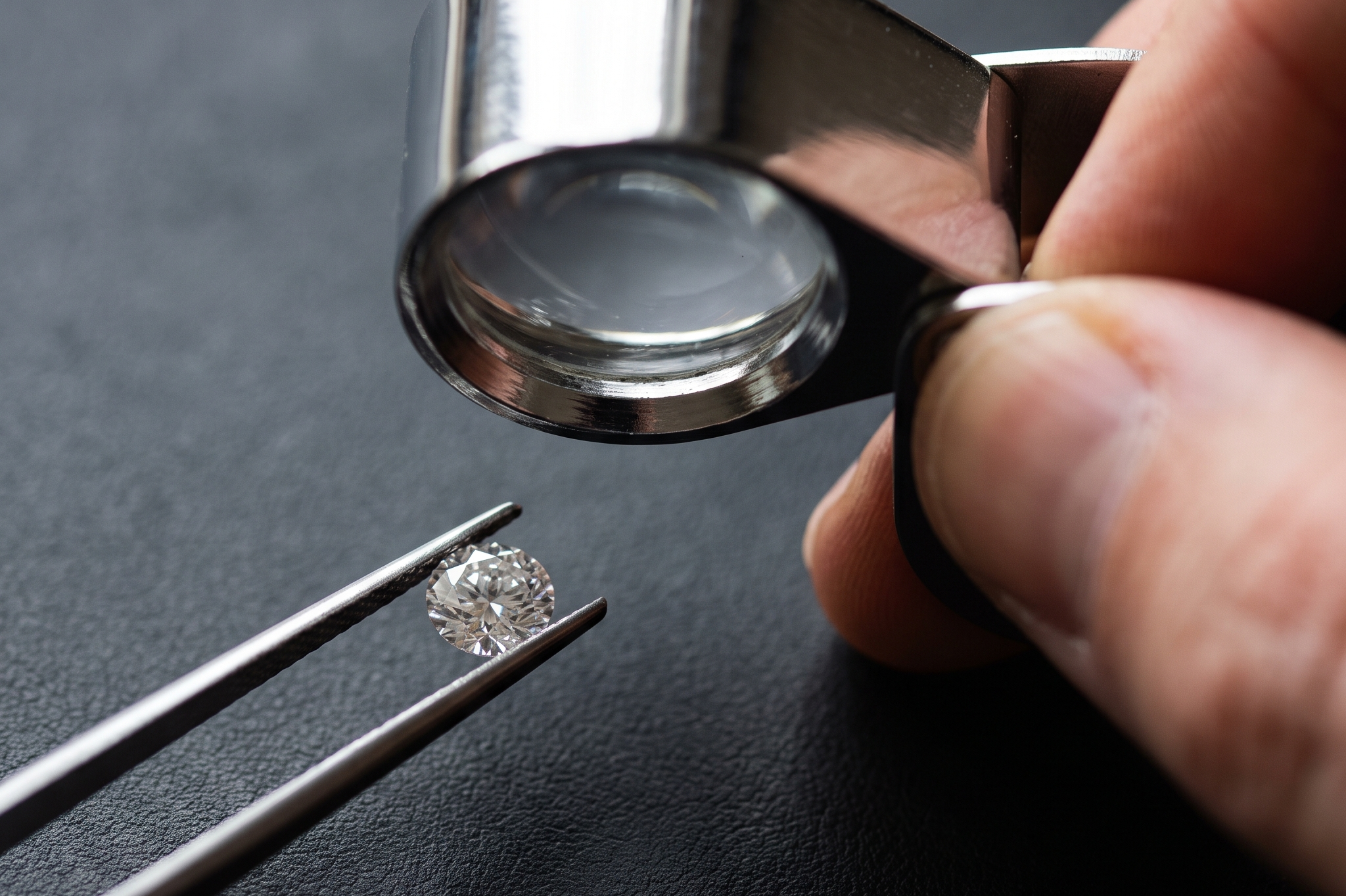 Jeweller's loupe held over a loose lab grown diamond in tweezers during a Draco Diamond quality inspection