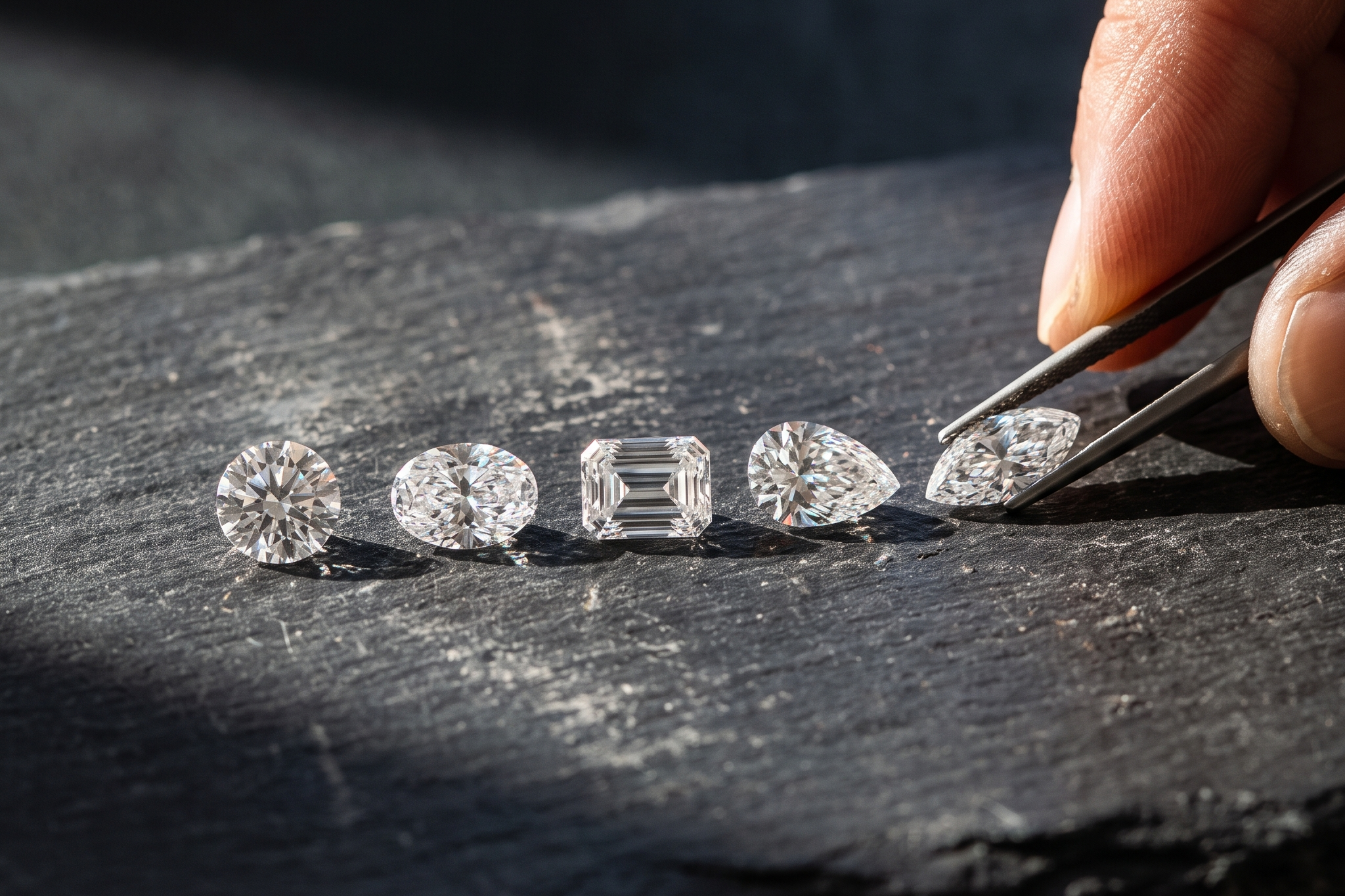 Five loose lab grown diamonds in round, oval, emerald, pear and marquise shapes arranged in a row on dark slate under raking side light, Draco Diamond