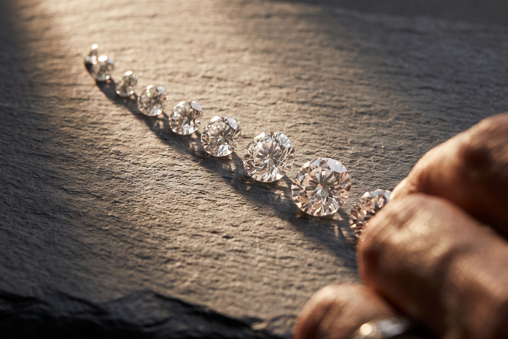 Row of loose lab grown diamonds in ascending size on dark slate, Draco Diamond price trend report