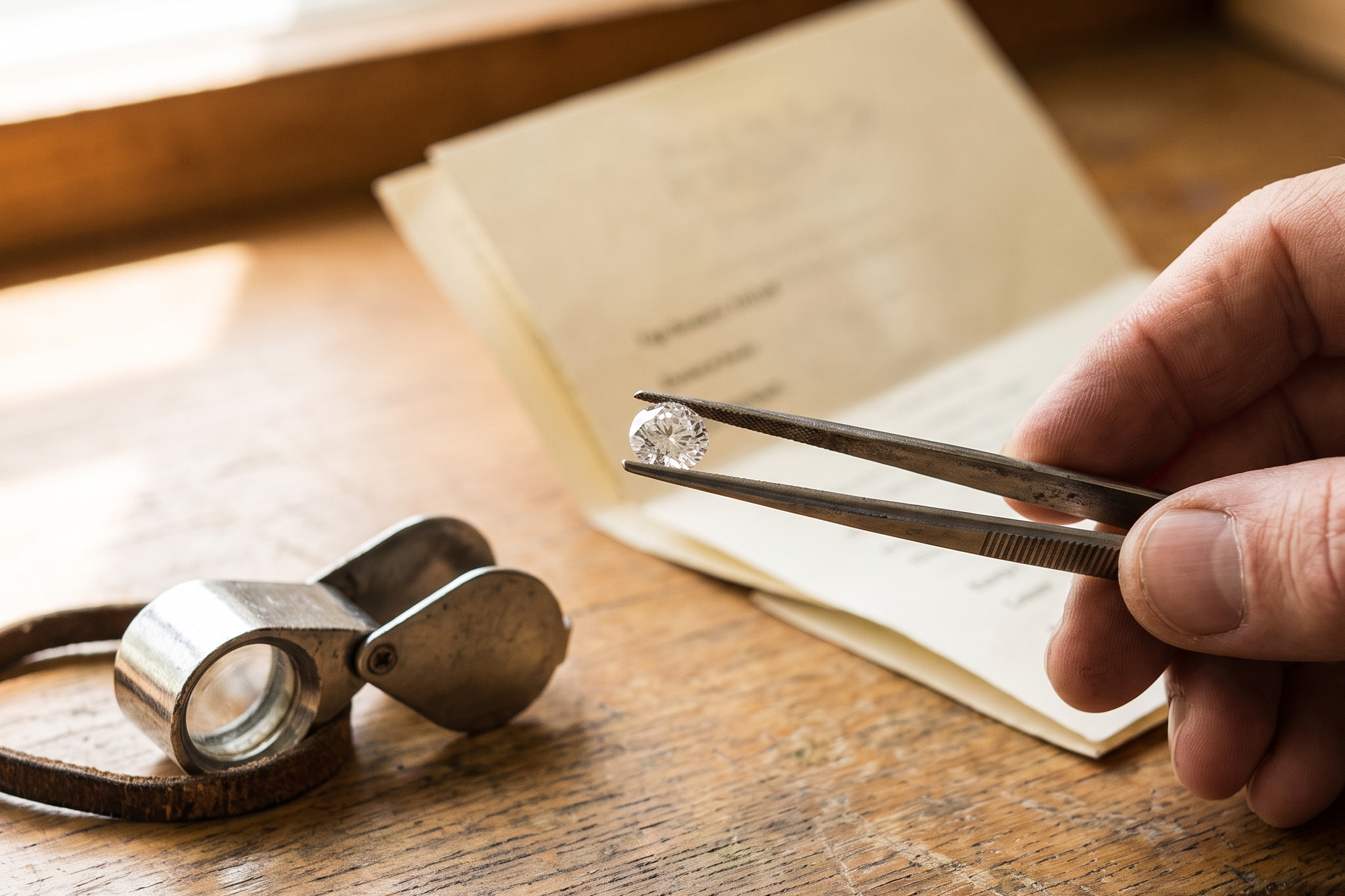 Loose lab grown diamond in tweezers beside a loupe and a blurred grading document, Draco Diamond