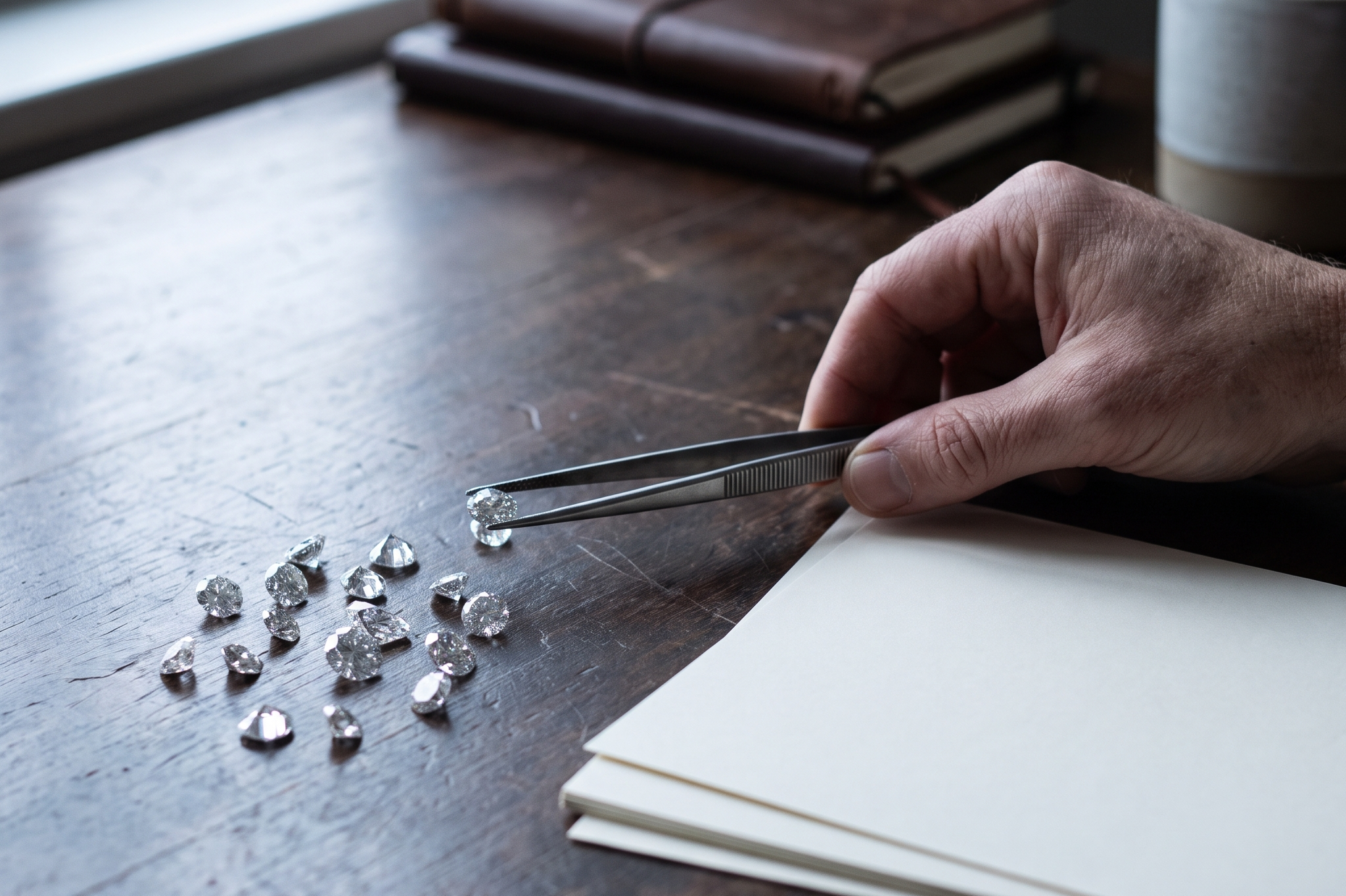 Loose lab diamonds and jeweller tweezers on a dark desk beside blank paper, Draco Diamond