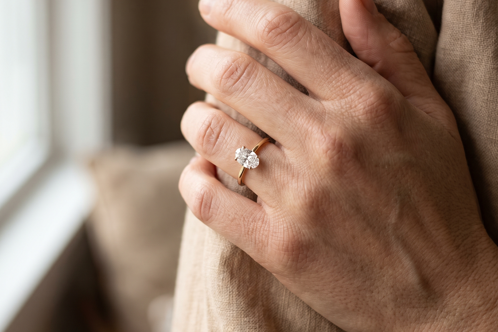 Oval cut lab grown diamond solitaire engagement ring worn on the hand in natural light, Draco Diamond