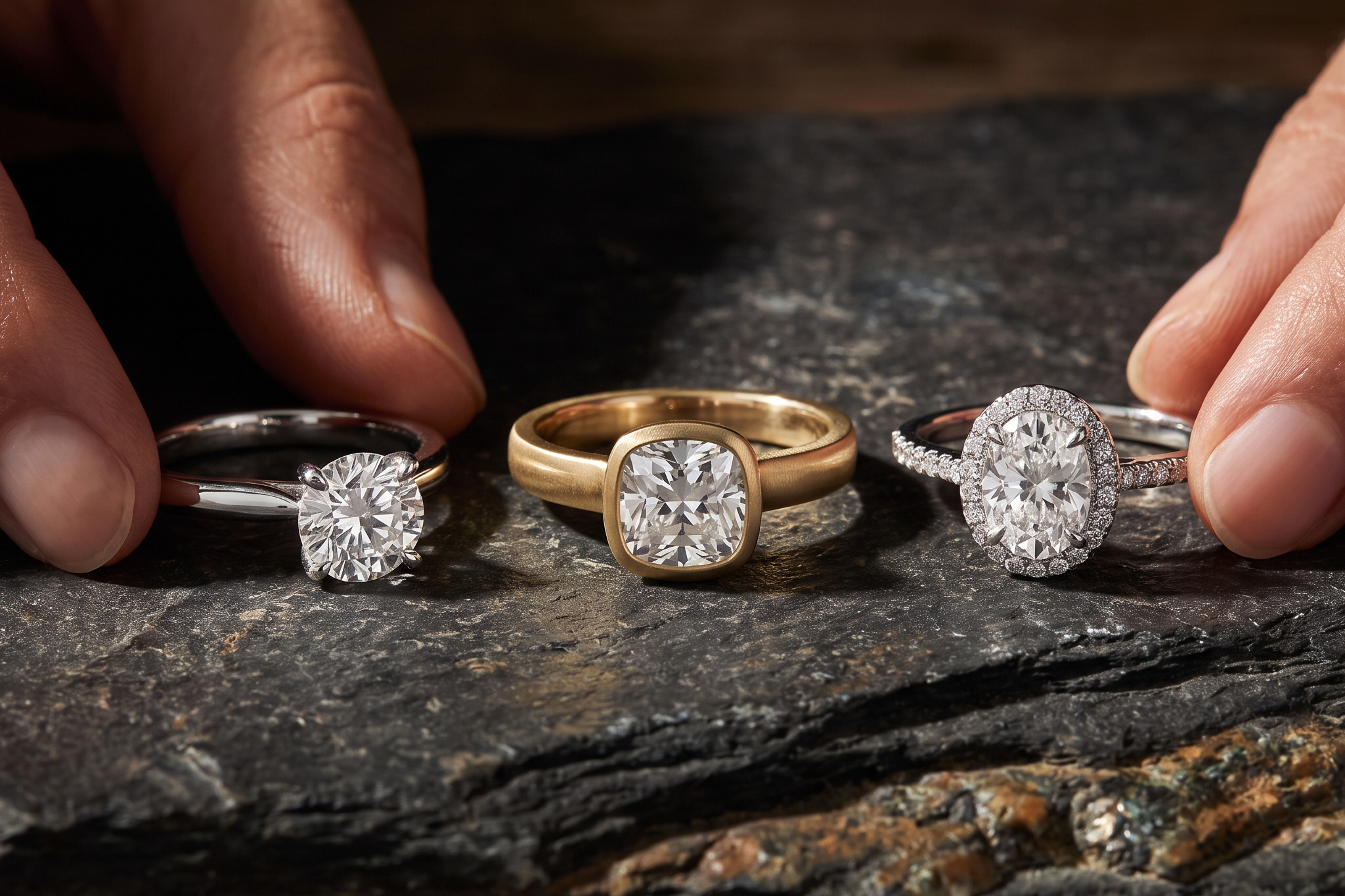 Three lab grown diamond rings showing prong, bezel and halo settings side by side, Draco Diamond