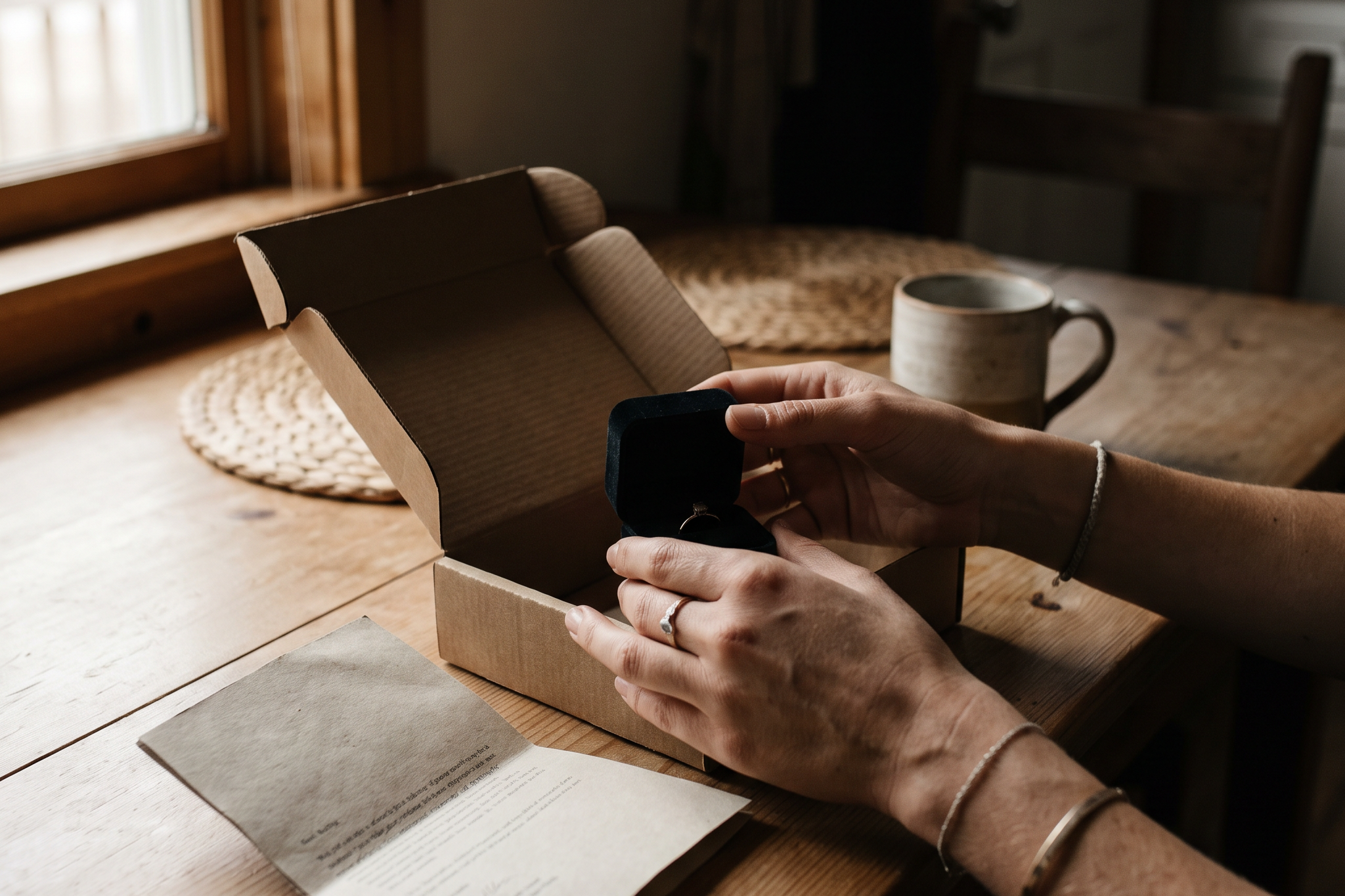 Hands opening an insured diamond ring delivery on a kitchen table with shipping box, ring box and folded grading document in window light, Draco Diamond