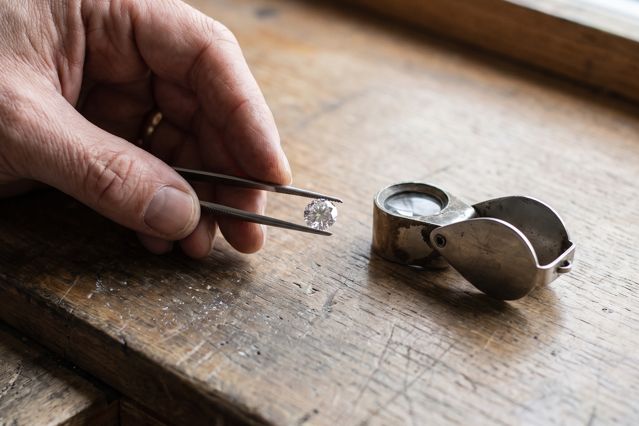 Loose lab grown diamond held in tweezers beside a jeweler loupe on a wooden table, Draco Diamond buying checklist