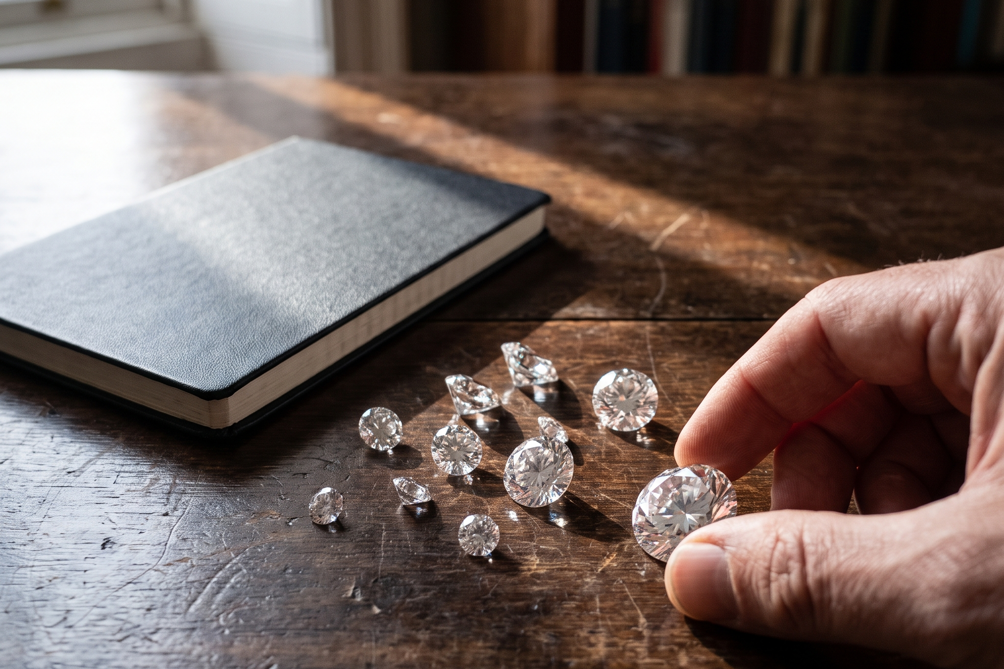 Loose lab grown diamonds of varying carat weight on a dark wooden desk, Draco Diamond statistics 2026