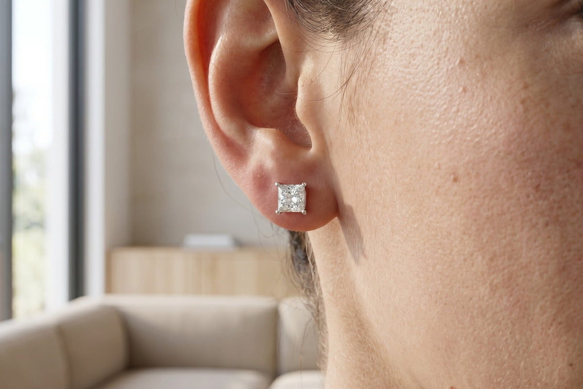 Close profile of an ear wearing a single lab grown diamond stud earring in natural daylight, true worn scale against the earlobe, Draco Diamond