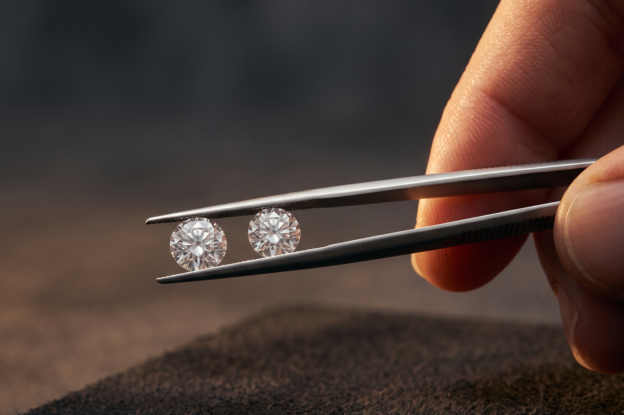 Two nearly identical round brilliant lab grown diamonds held in tweezers, Draco Diamond