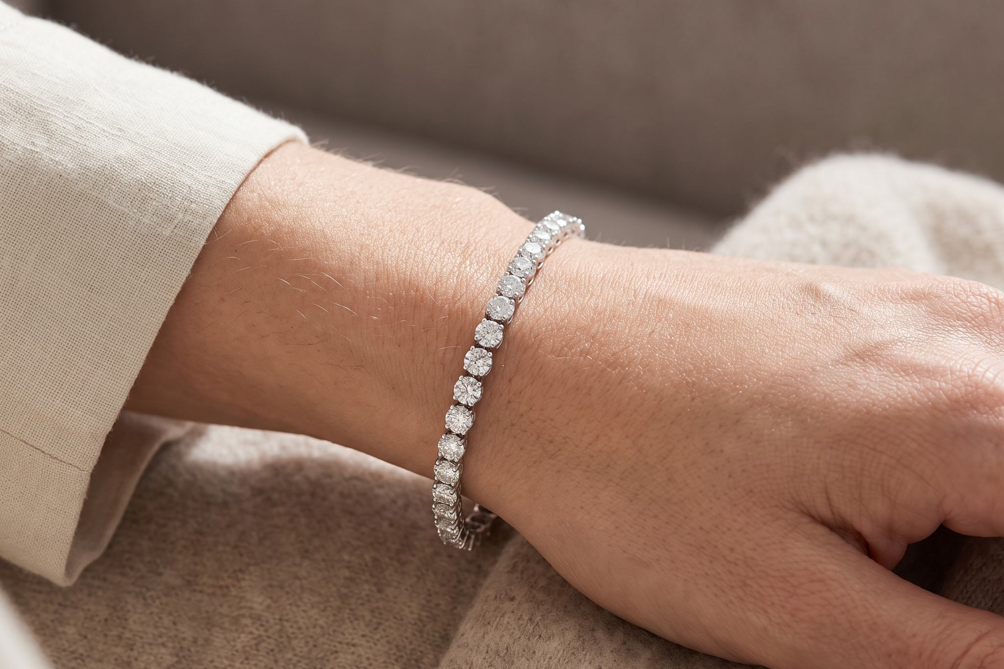 Lab diamond tennis bracelet fastened on a wrist against a soft neutral background, Draco Diamond