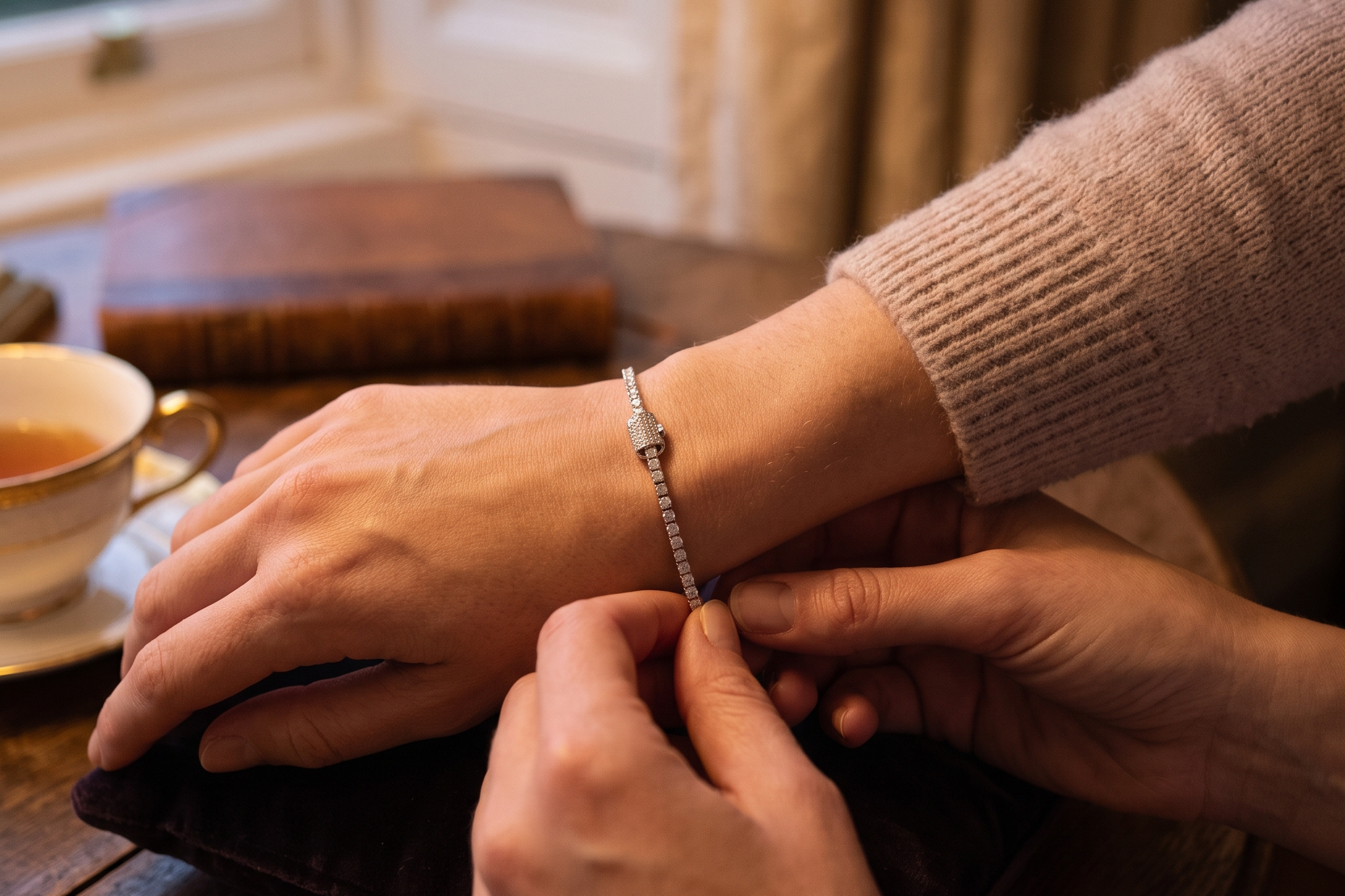 Lab grown diamond tennis bracelet being fastened onto a wrist as a gift, Draco Diamond