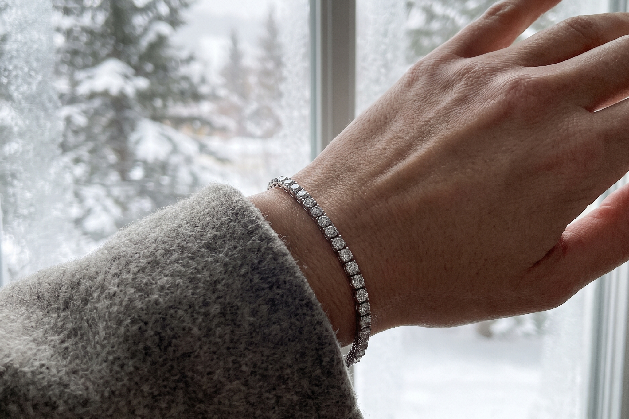 Lab diamond tennis bracelet worn at a wool coat cuff in cold winter light, Draco Diamond Canada pricing 2026