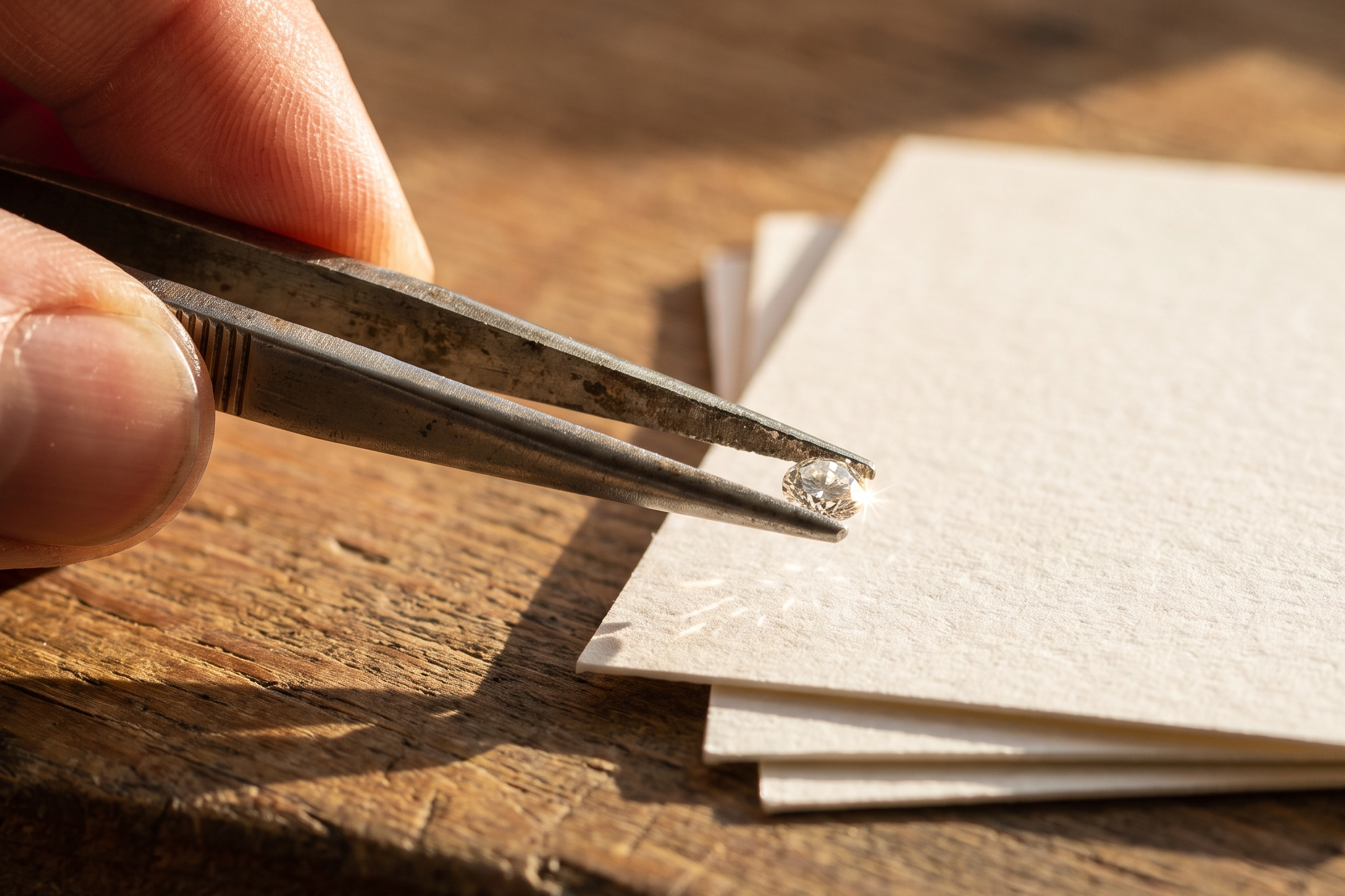Loose lab diamond held in tweezers beside blank cards on a wooden desk, Draco Diamond