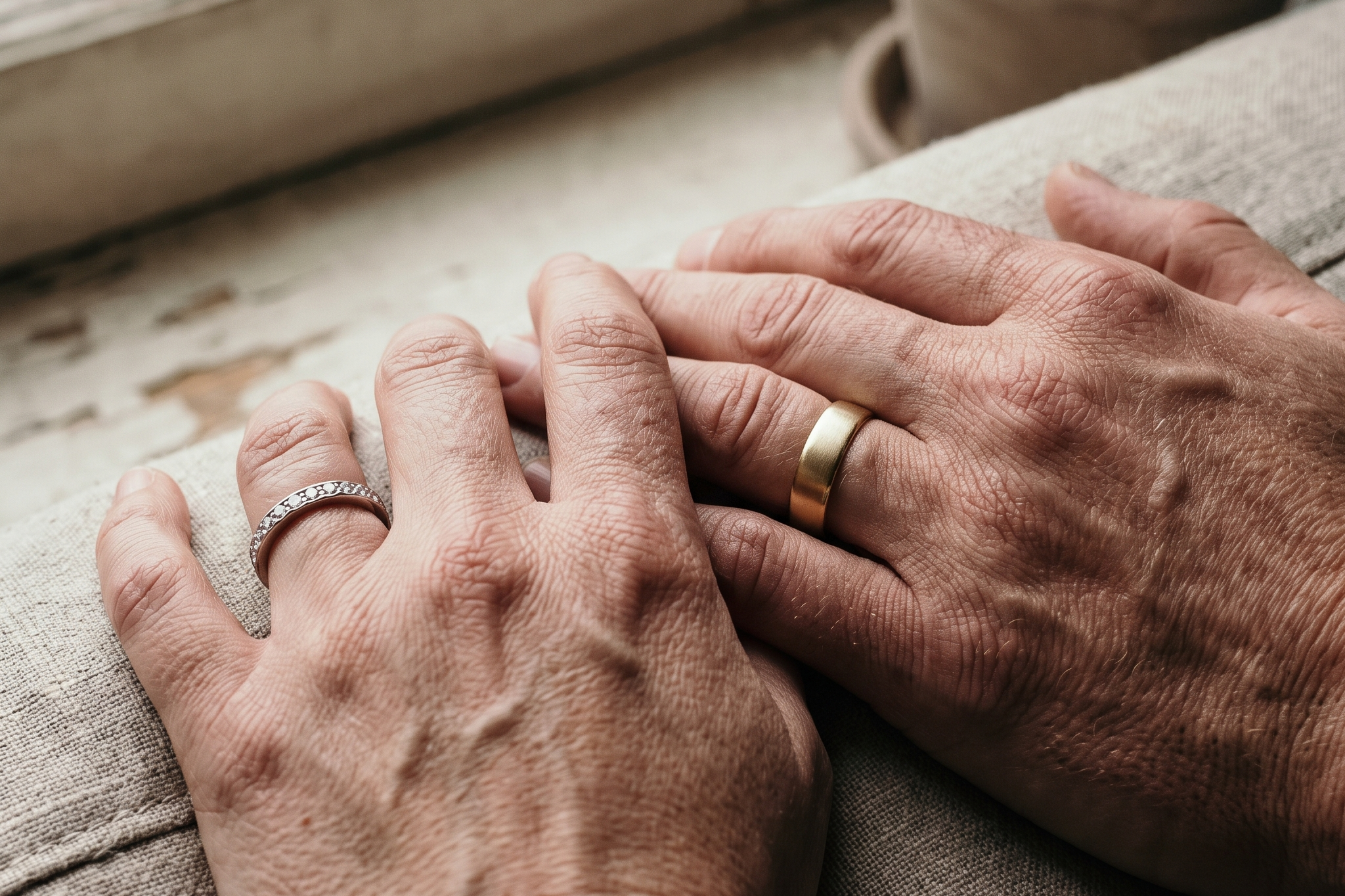 Two hands side by side wearing a slim lab diamond band and a plain wider band, Draco Diamond