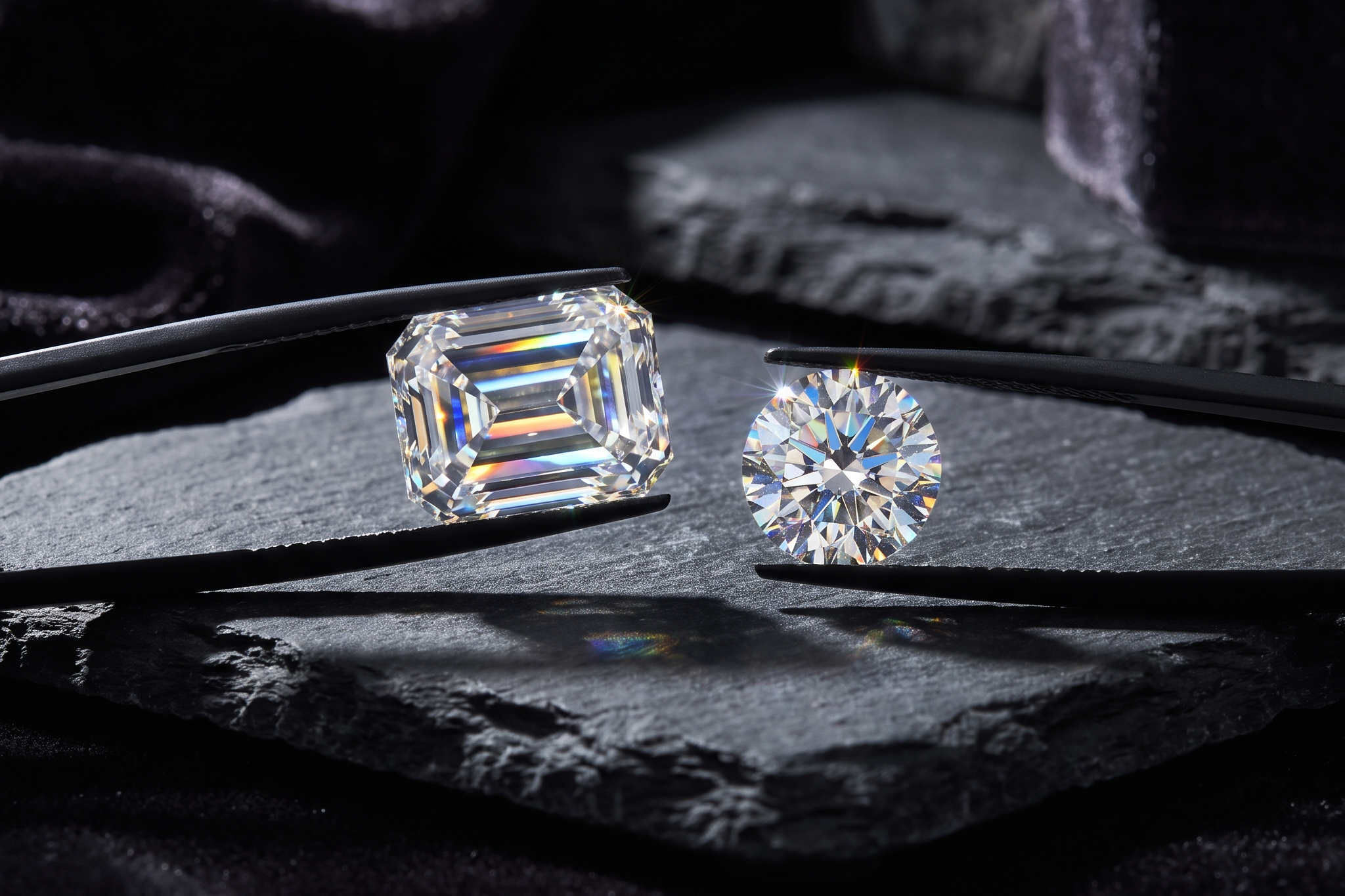 Two large loose lab grown diamonds, an emerald cut and a round brilliant, held in tweezers on dark slate, Draco Diamond