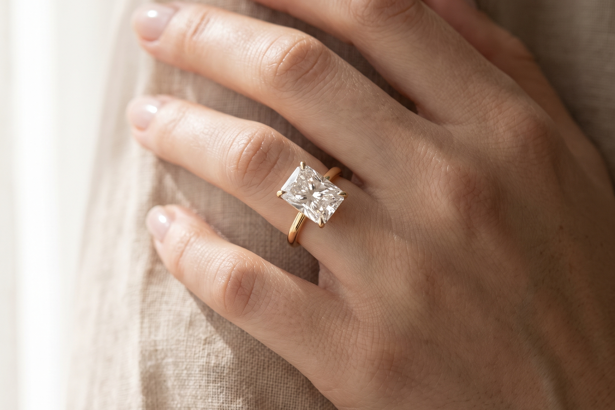 Radiant cut lab grown diamond solitaire engagement ring with a plain polished yellow gold band worn on the hand, IGI certified, Draco Diamond