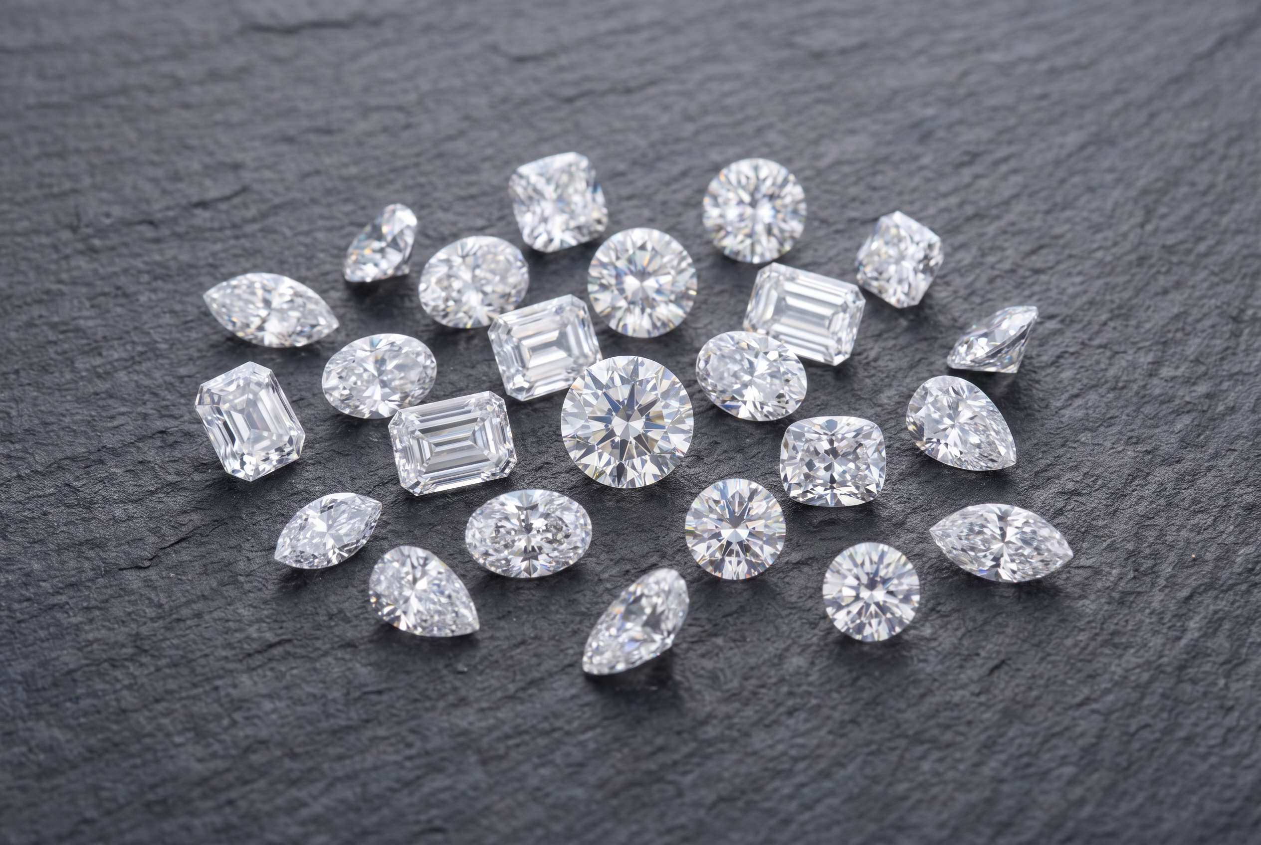 Loose lab grown diamonds in assorted shapes on slate from Draco Diamond