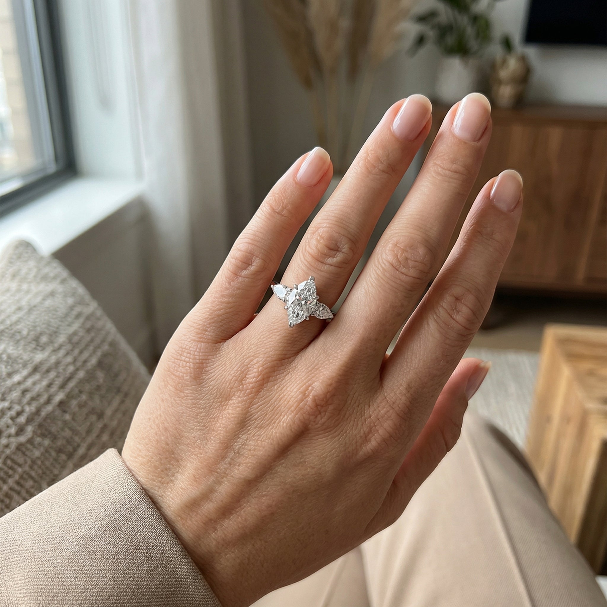 Marquise lab grown diamond ring worn on hand in soft daylight, the stone unchanged by daily wear, Draco Diamond Canada