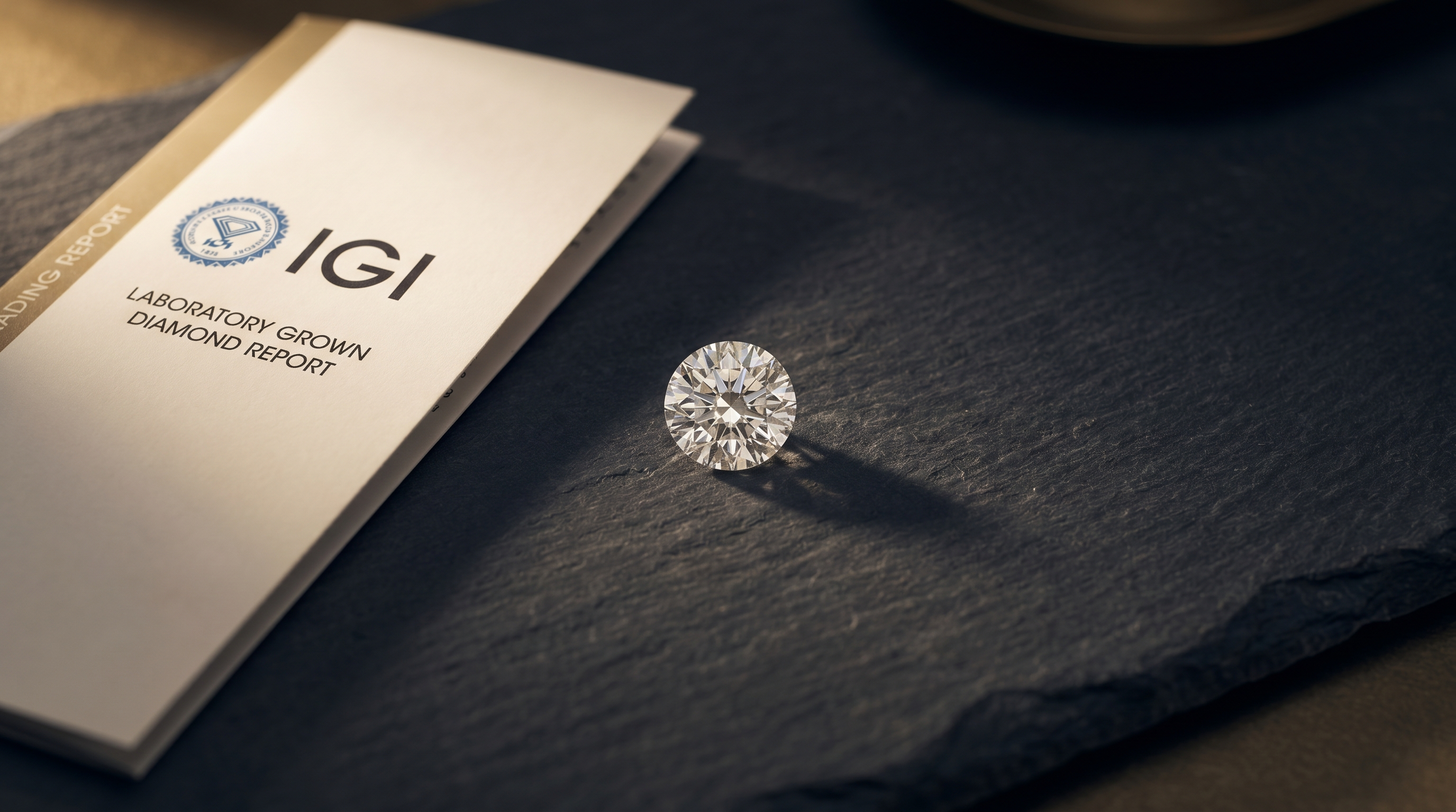 IGI laboratory grown diamond grading report beside a loose round brilliant lab diamond on dark slate
