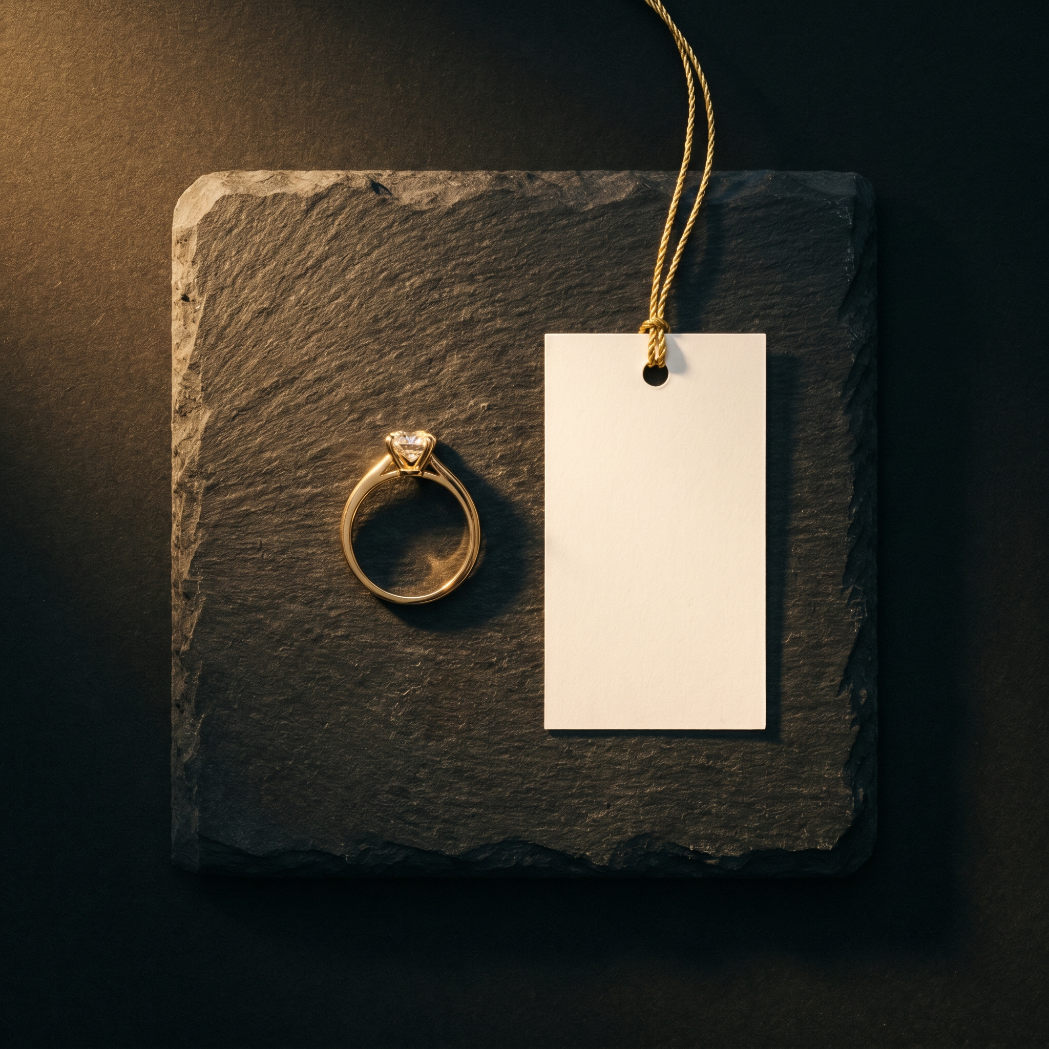 Gold solitaire lab grown diamond ring beside a blank price tag on dark slate