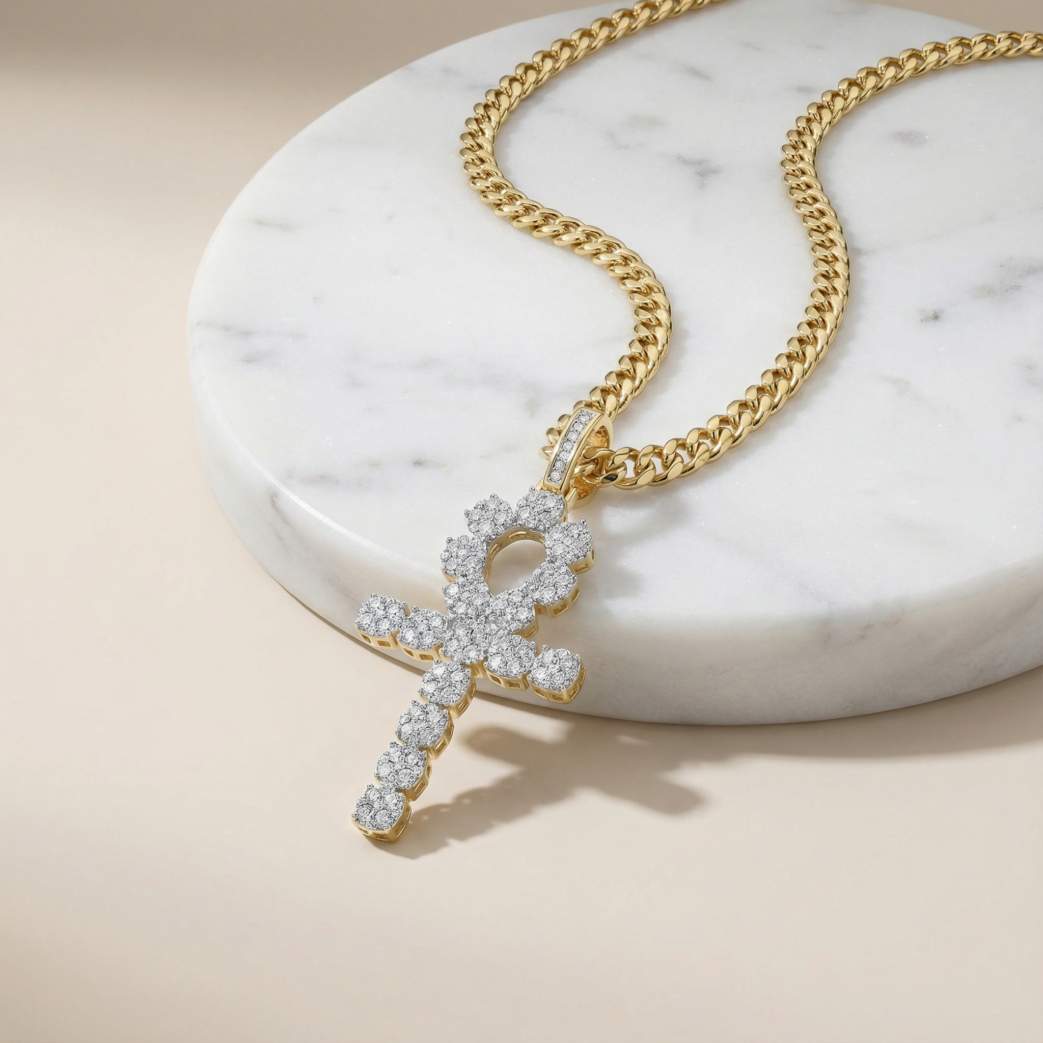 1.25ct lab diamond hip ankh pendant in 10K yellow gold - on model, styled 10K yellow gold pendant